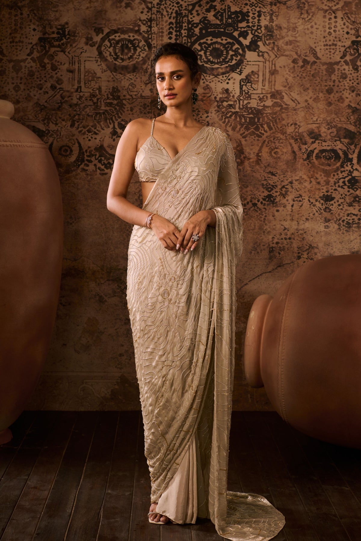 Chikoo Embroidered Blouse With Saree