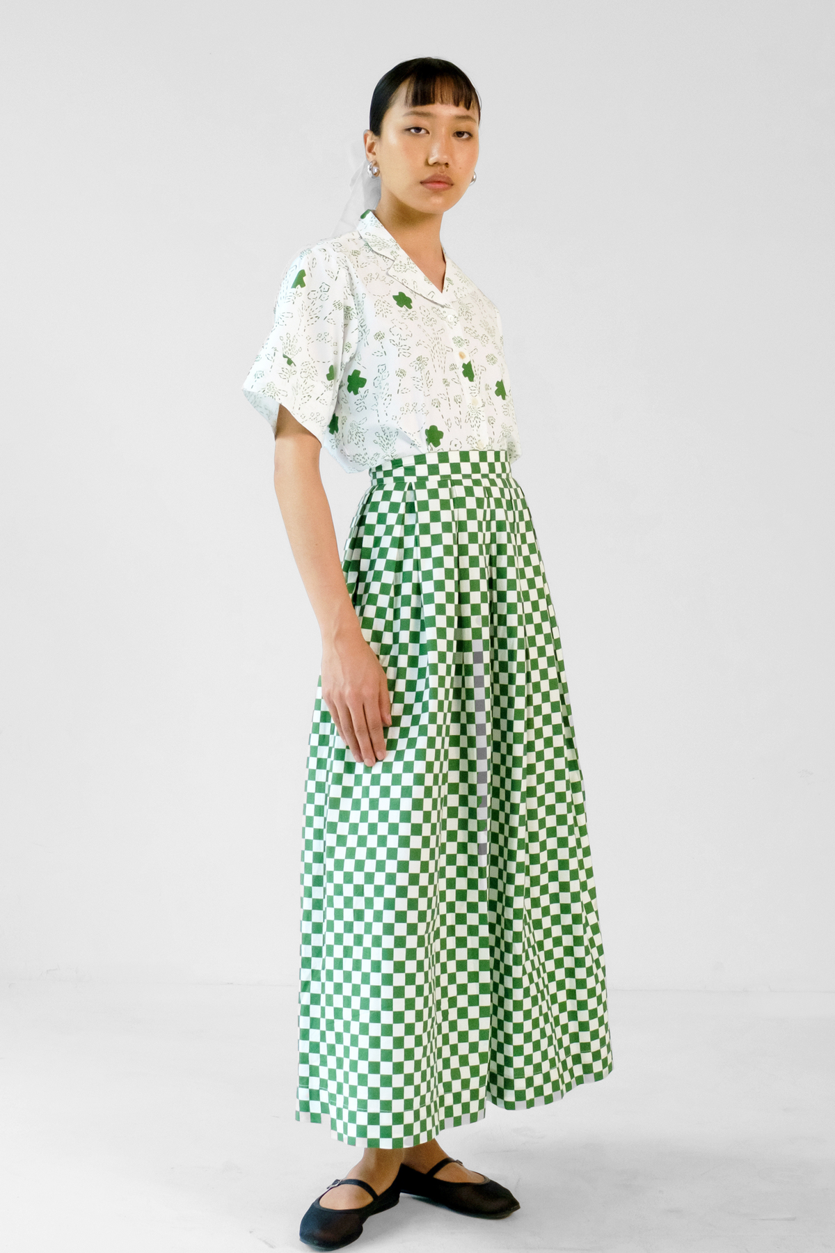 Green Checks Printed Skirt Set