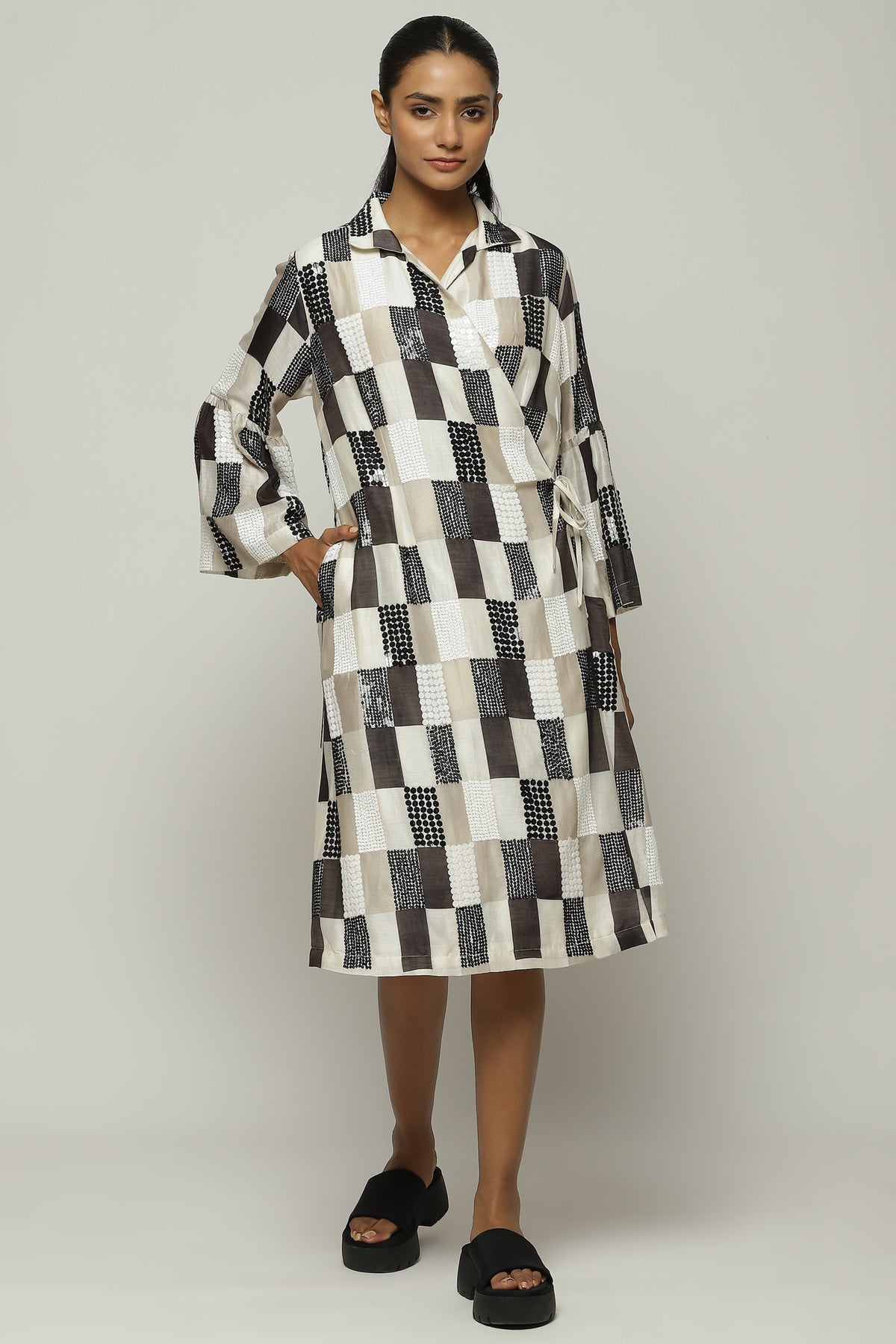 Print And Sequins Blocks Dress