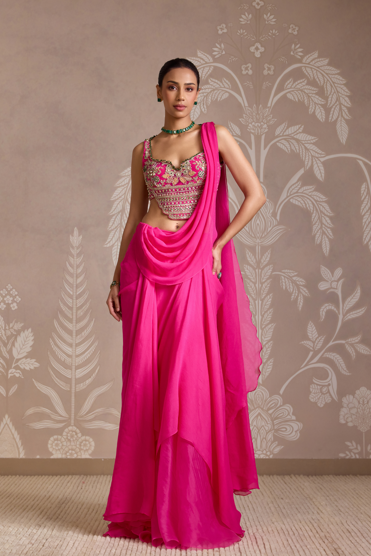 Bright Fucshia Drape Saree Set