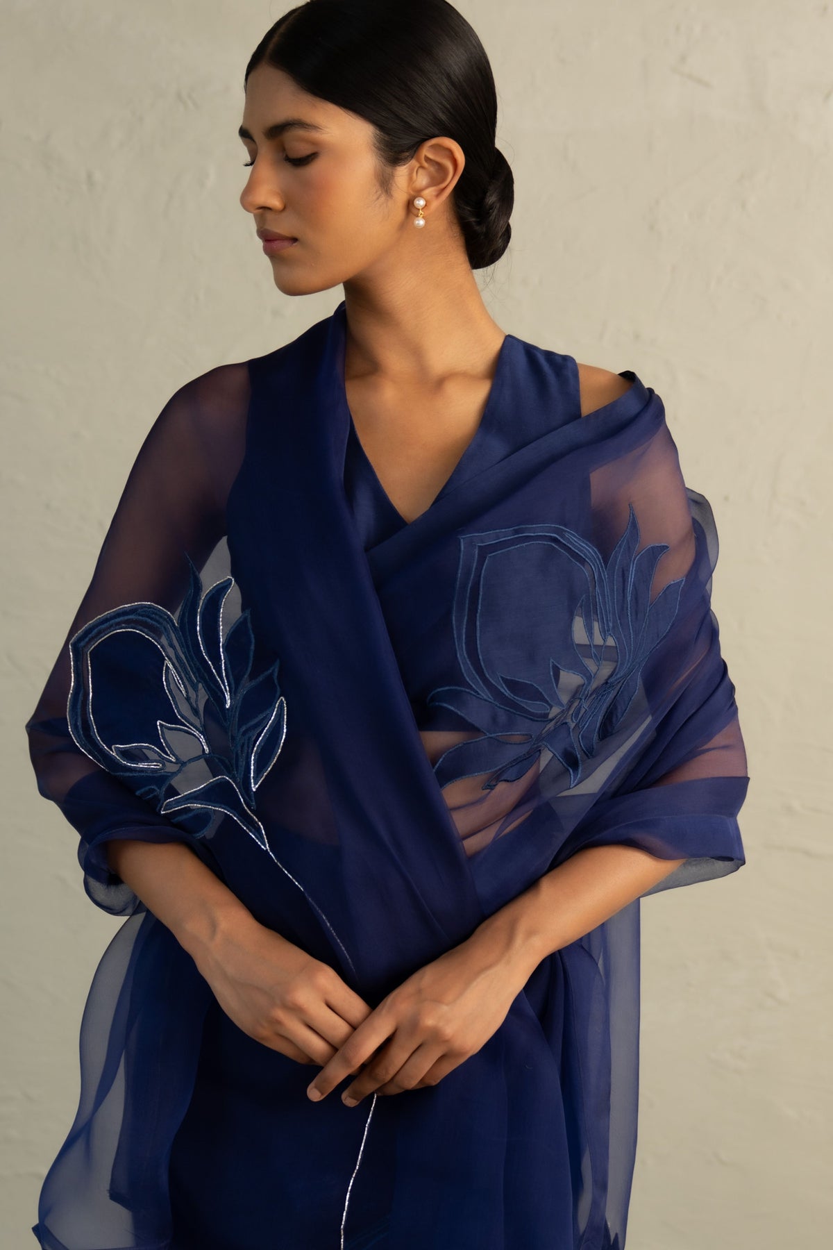 Blue Organza Applique Saree Set