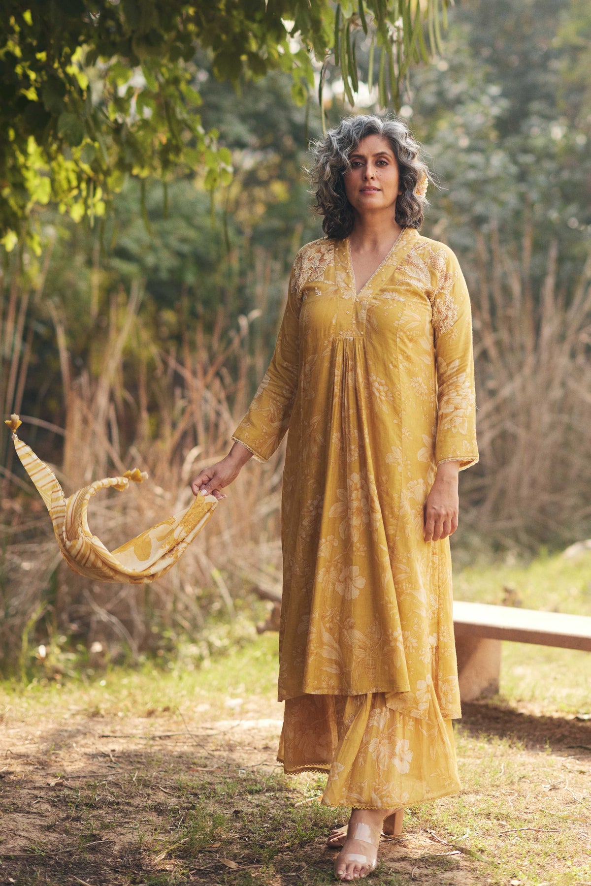 Golden Yellow Printed Kurta Set