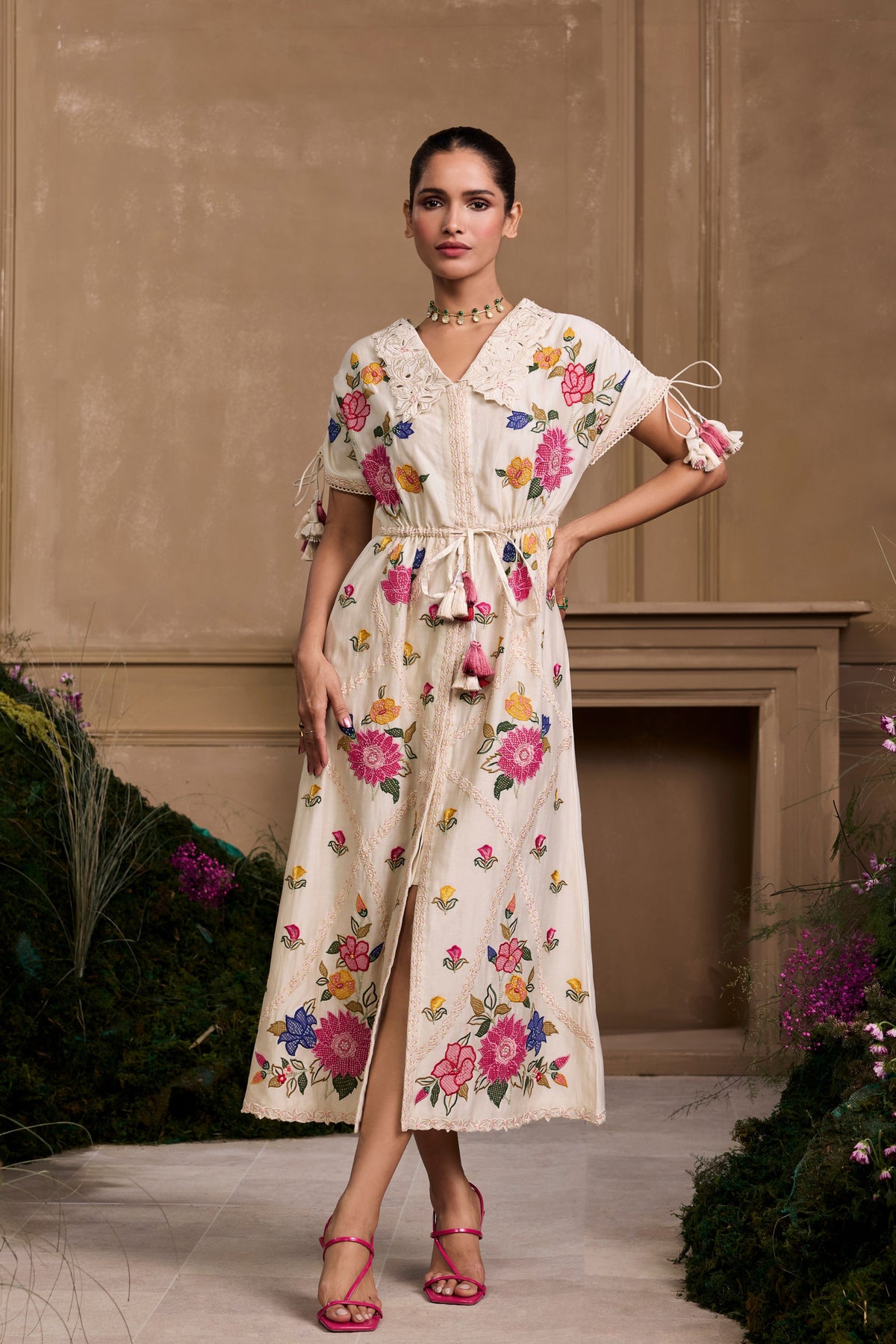 Ivory Threadwork Floral Shirt Dress