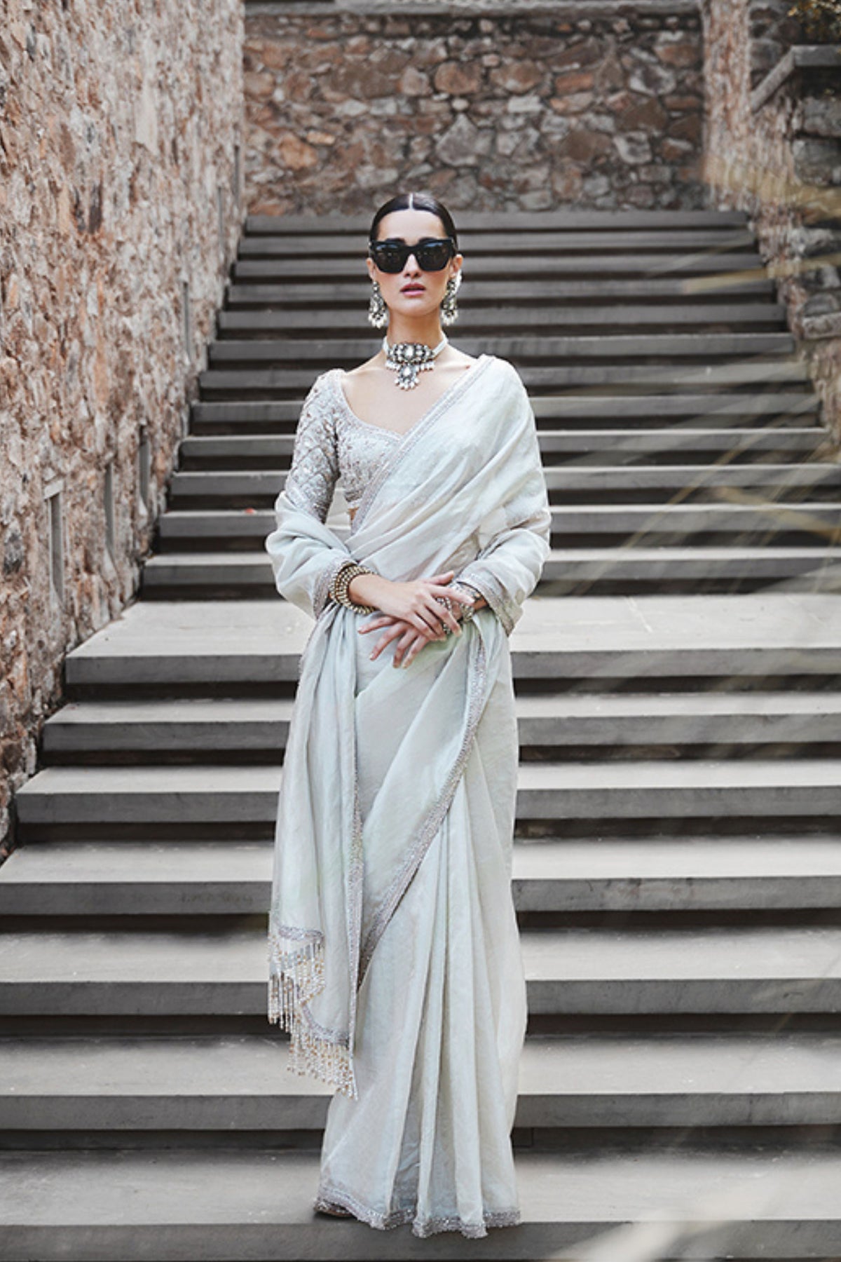 Silver Needle Saree With Blouse