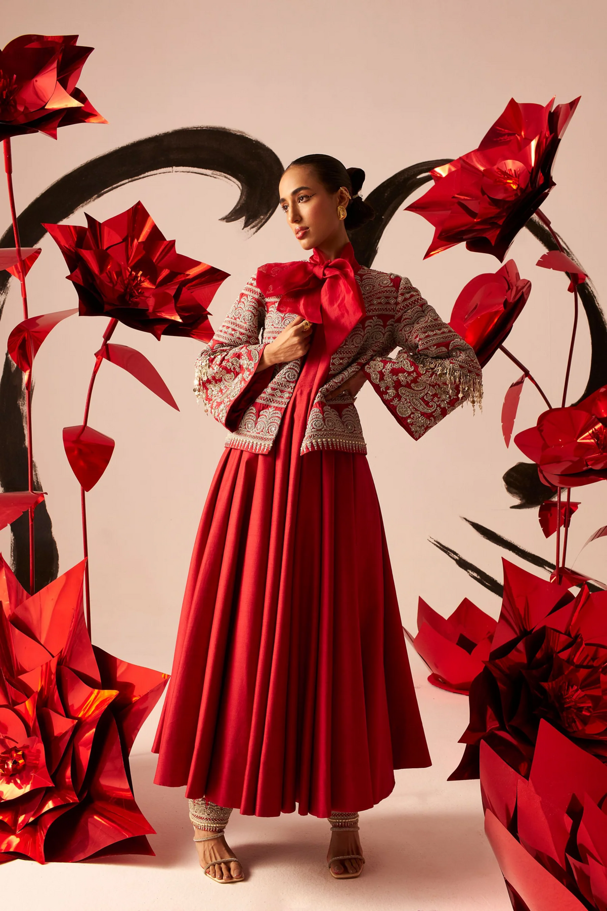 Retro Red Anarkali With Jacket