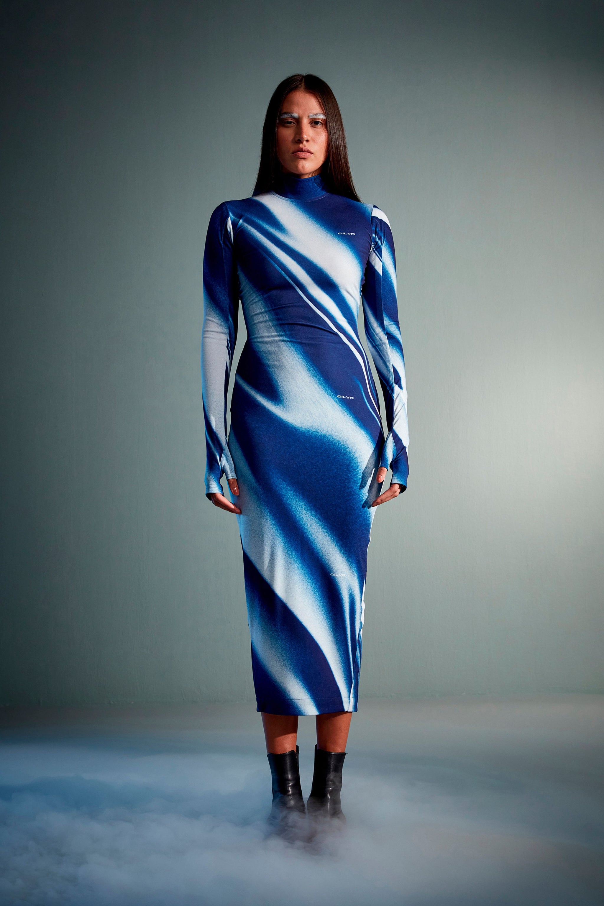 blue print bodycon dress Square Neck Midnight Graphic Print Mini Bodycon Dress In Light Blue Glitter | EGO US
