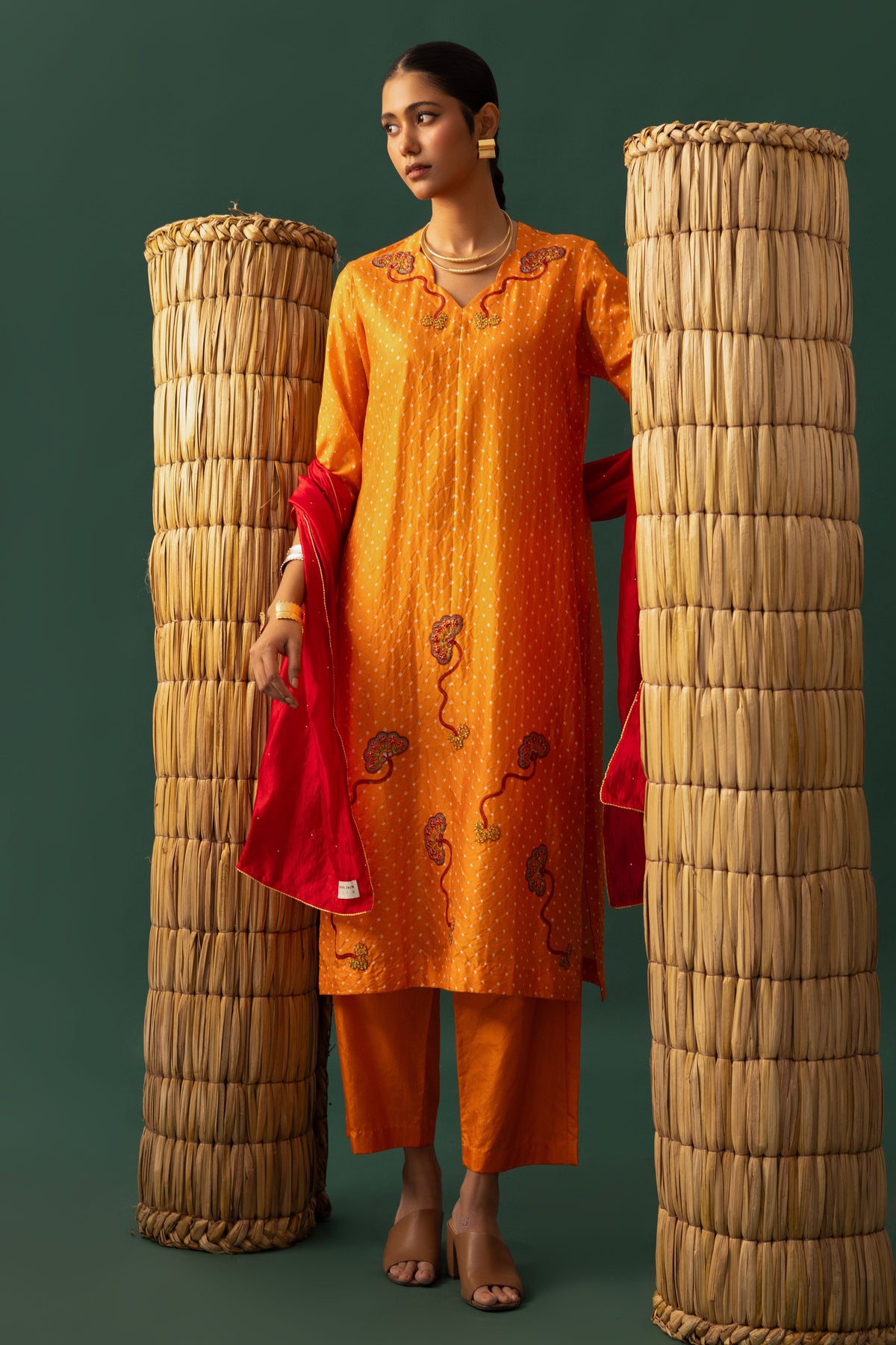 Orange Bandhani Aari Kurta Set