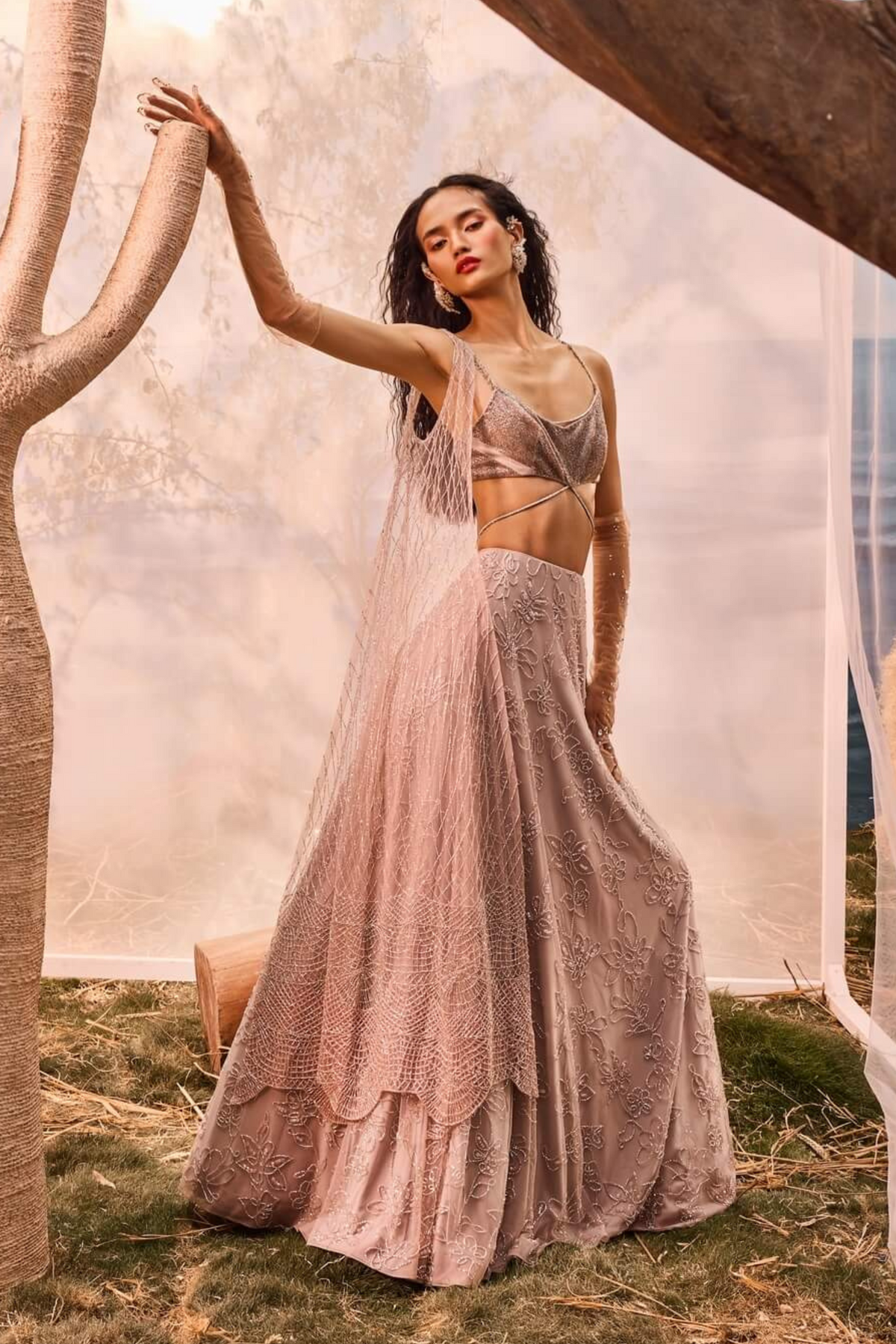 Burnt Pink Embroidered Lehenga Set