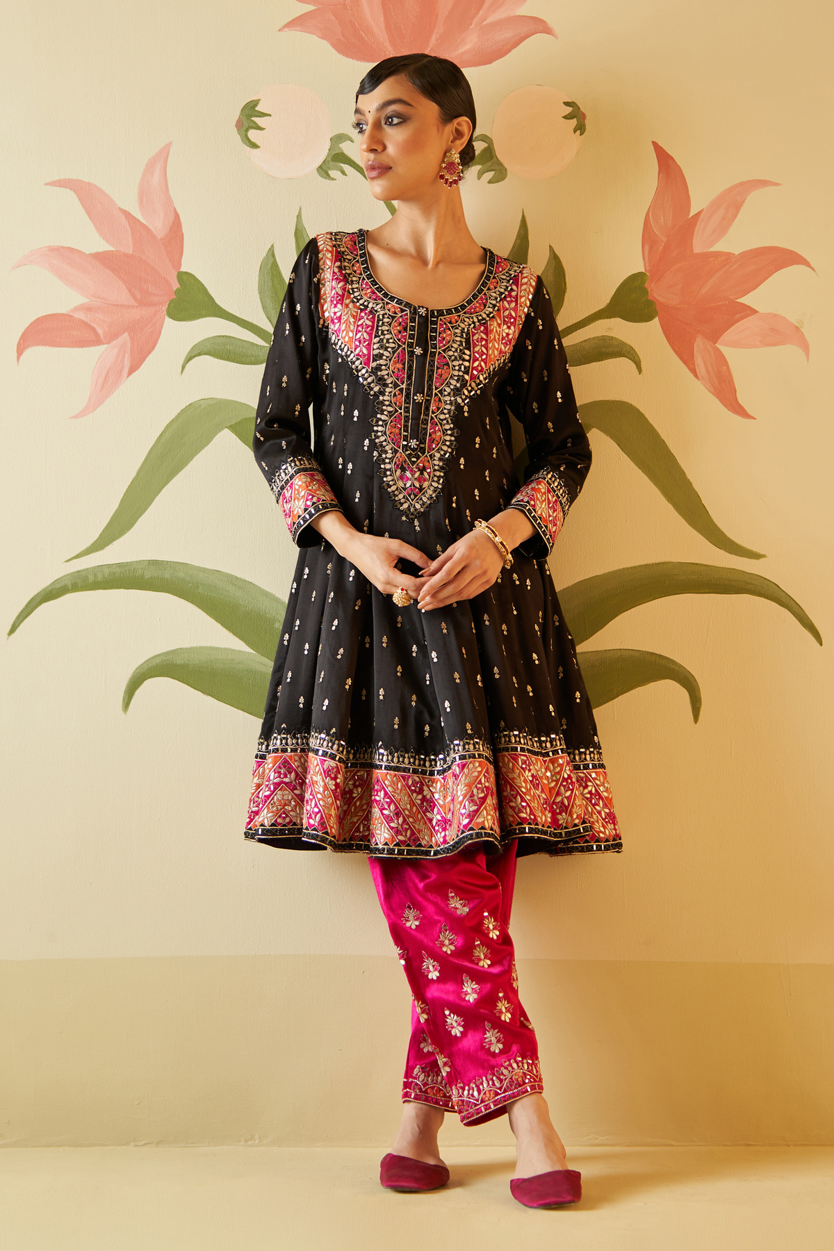 Black Satin Silk Anarkali Set