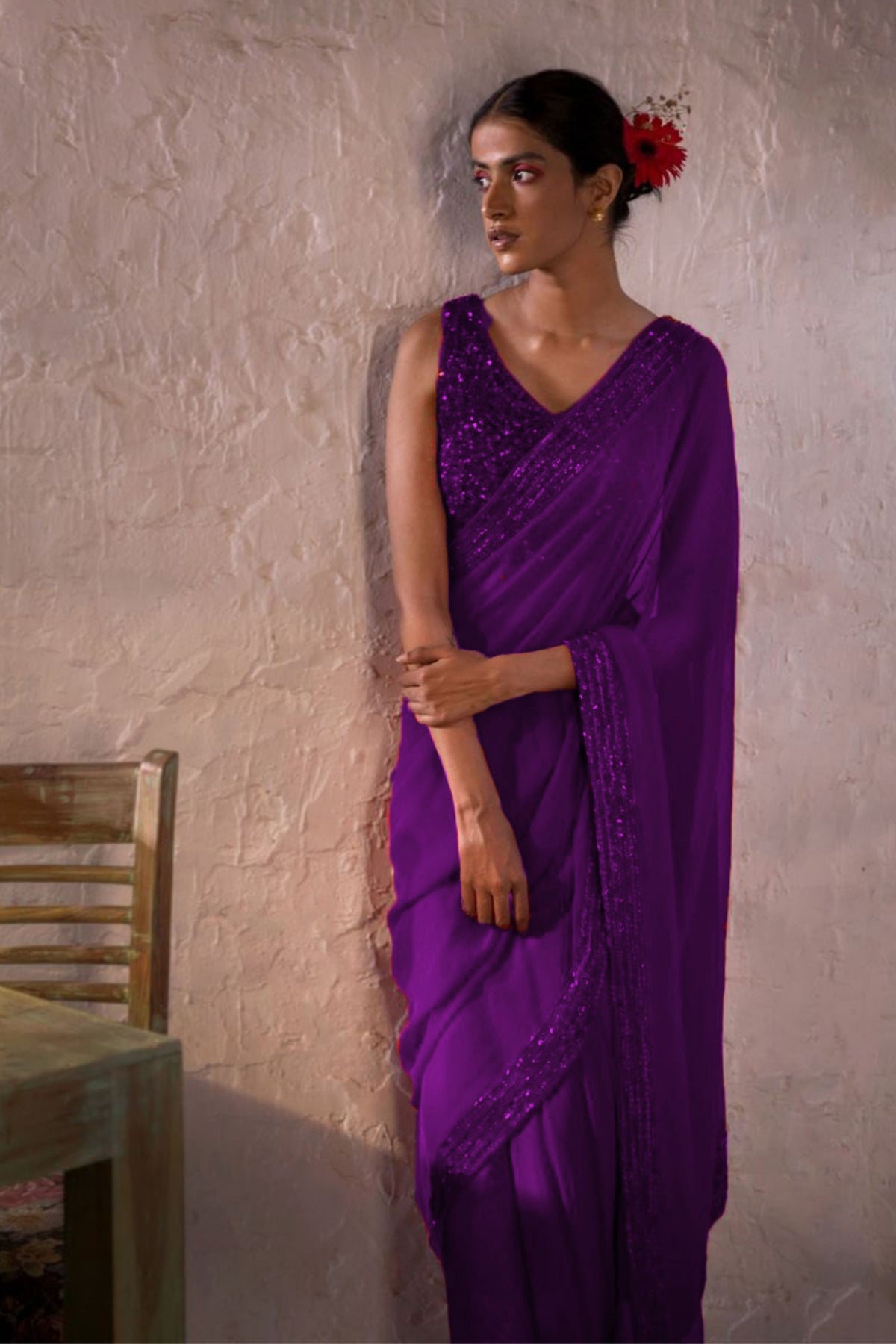 Anamika Eggplant Purple Saree Set