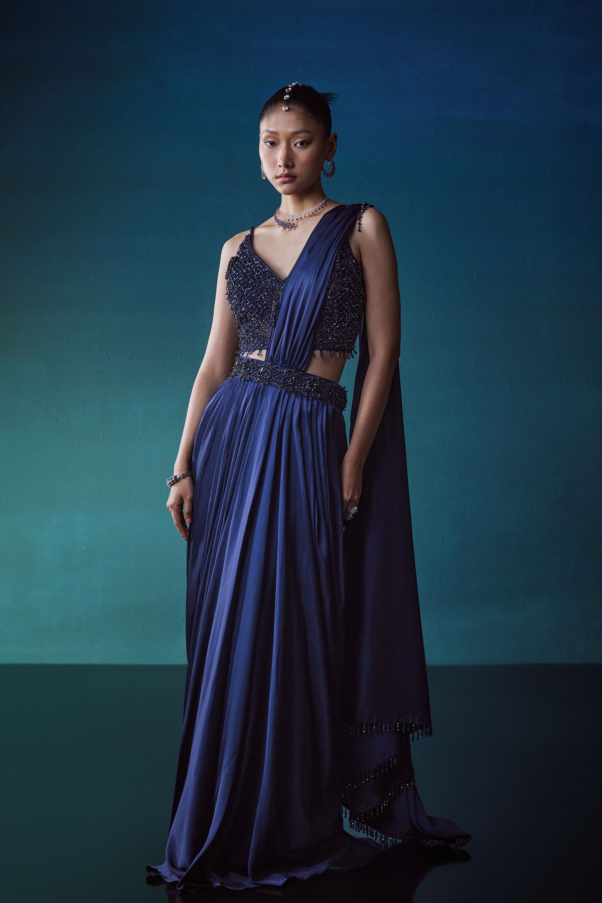 Navy Drape Saree Set