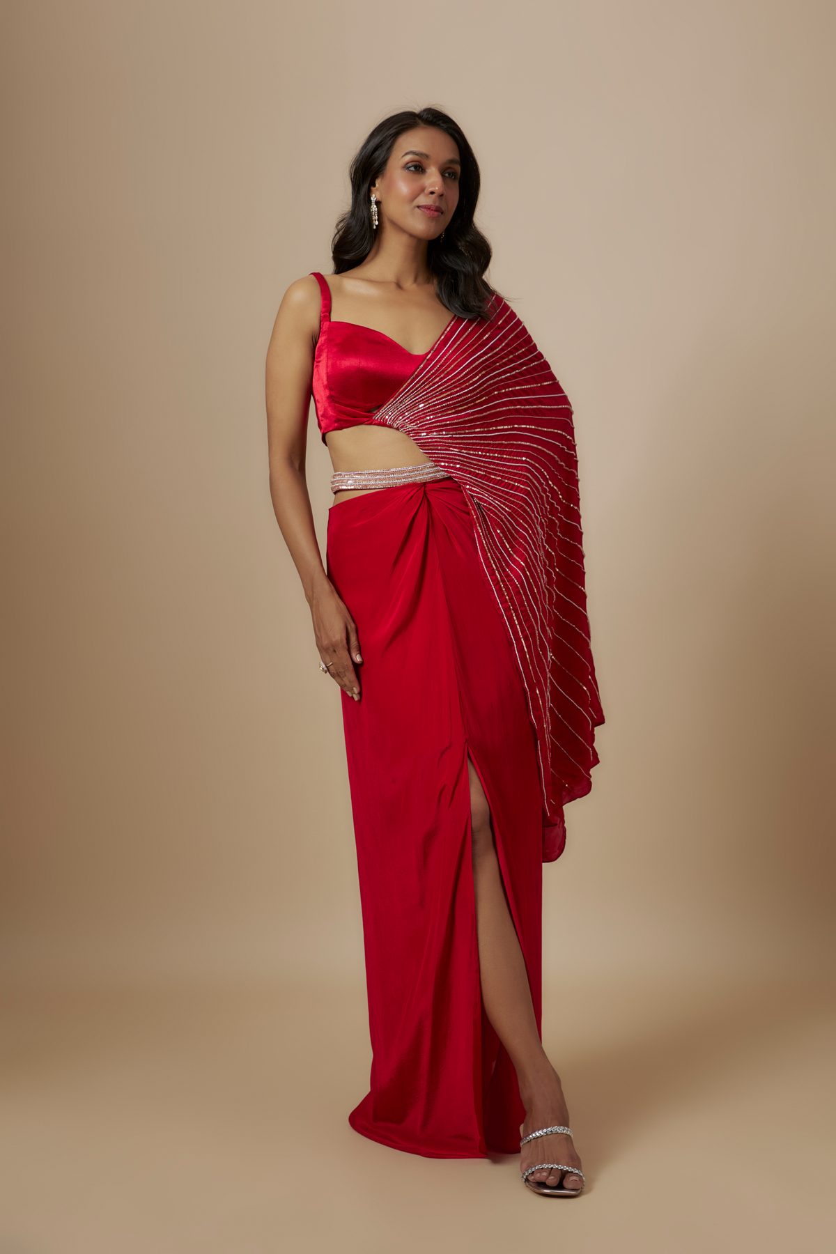 Red Skirt With Drape Blouse