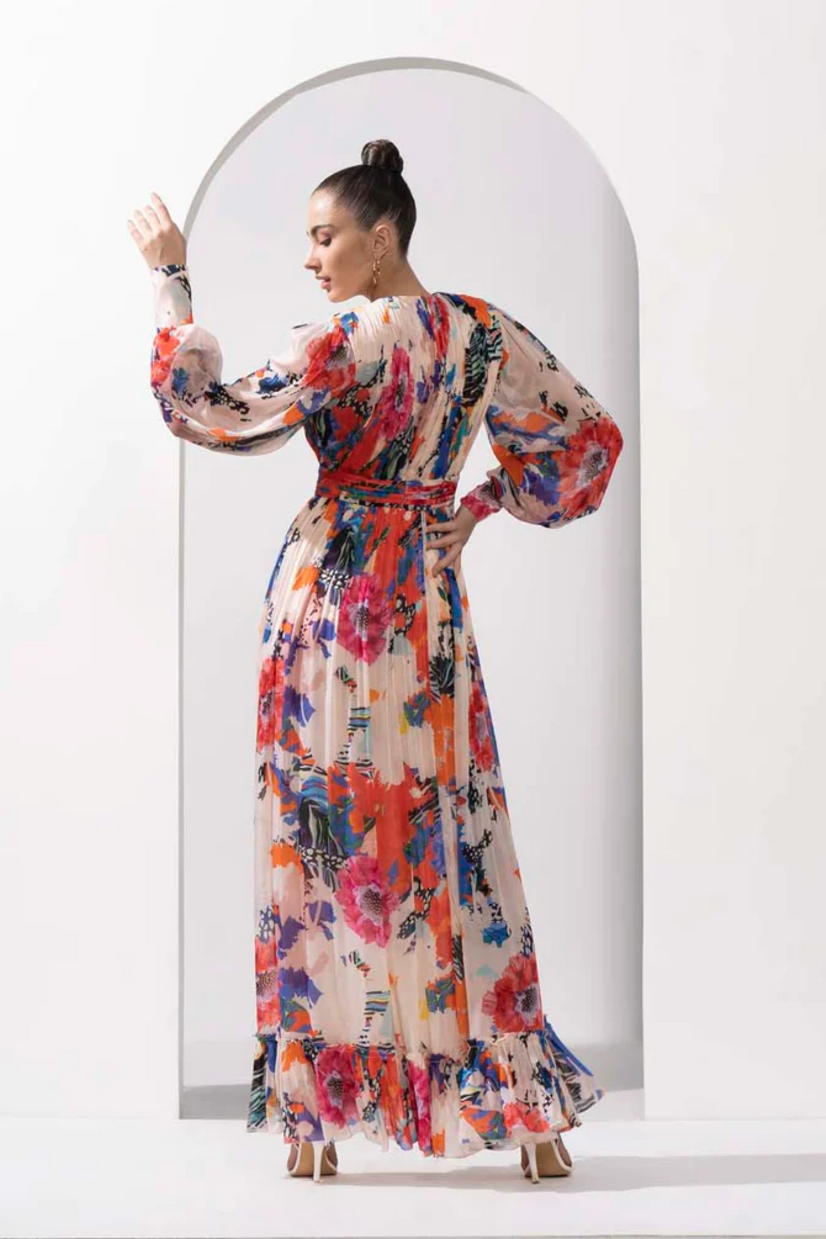 Red And Ivory Garden Printed Chiffon