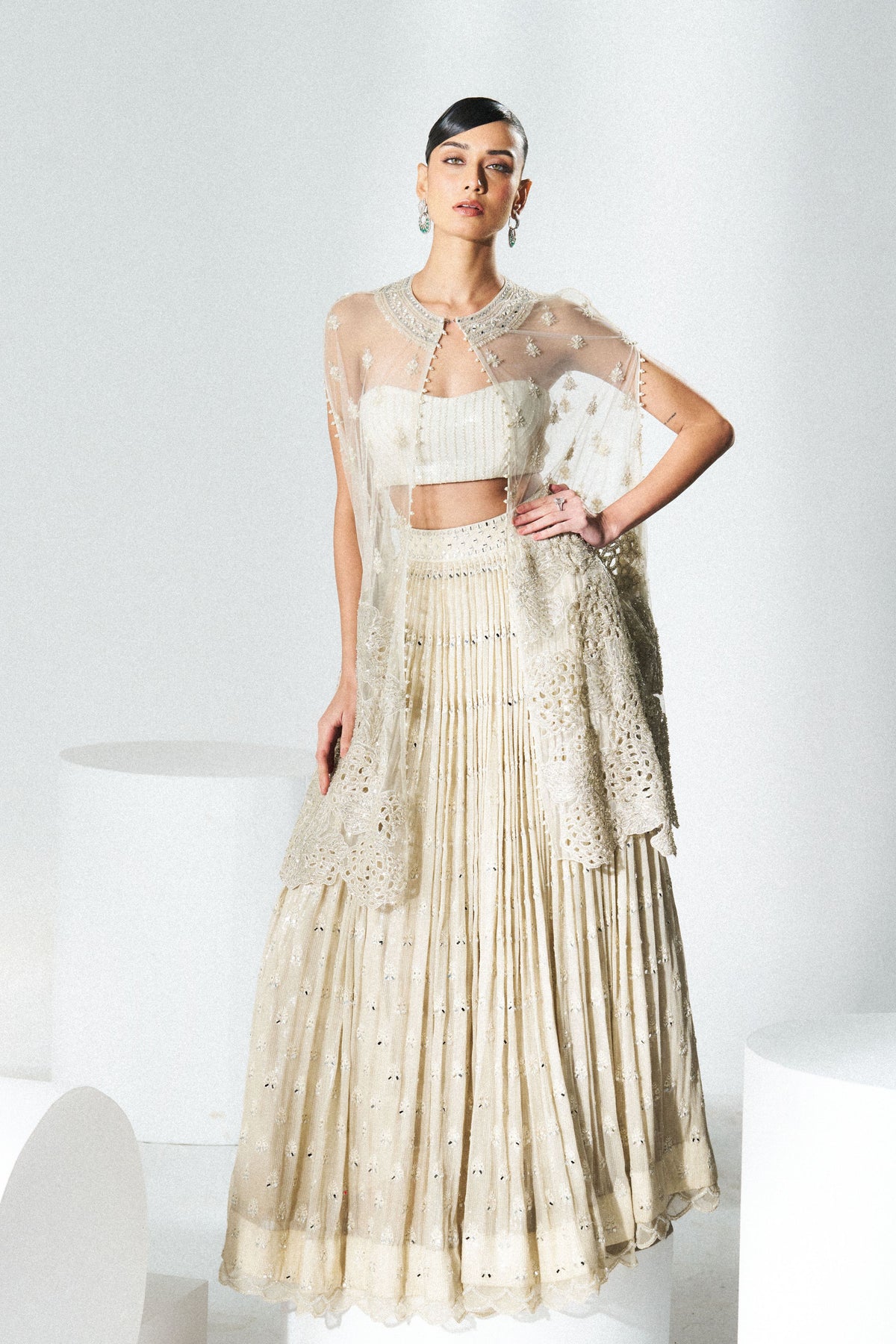Beige Mirror Work Lehenga Set