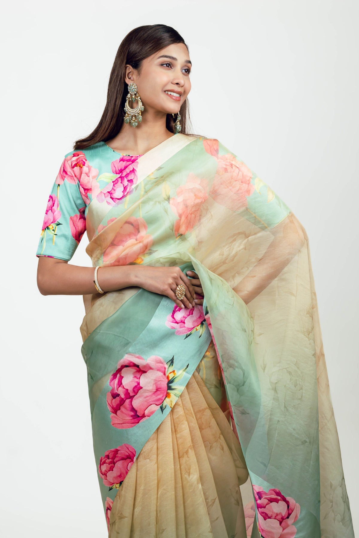 Monica Aqua Yellow Organza Saree