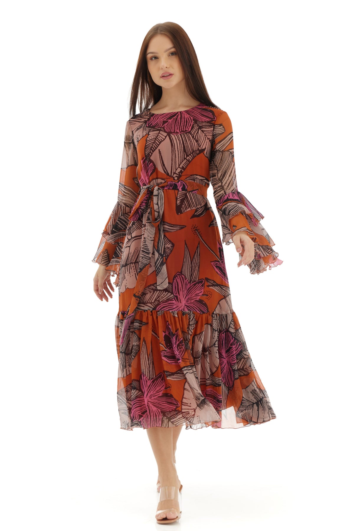 Orange and Beige Midi Dress