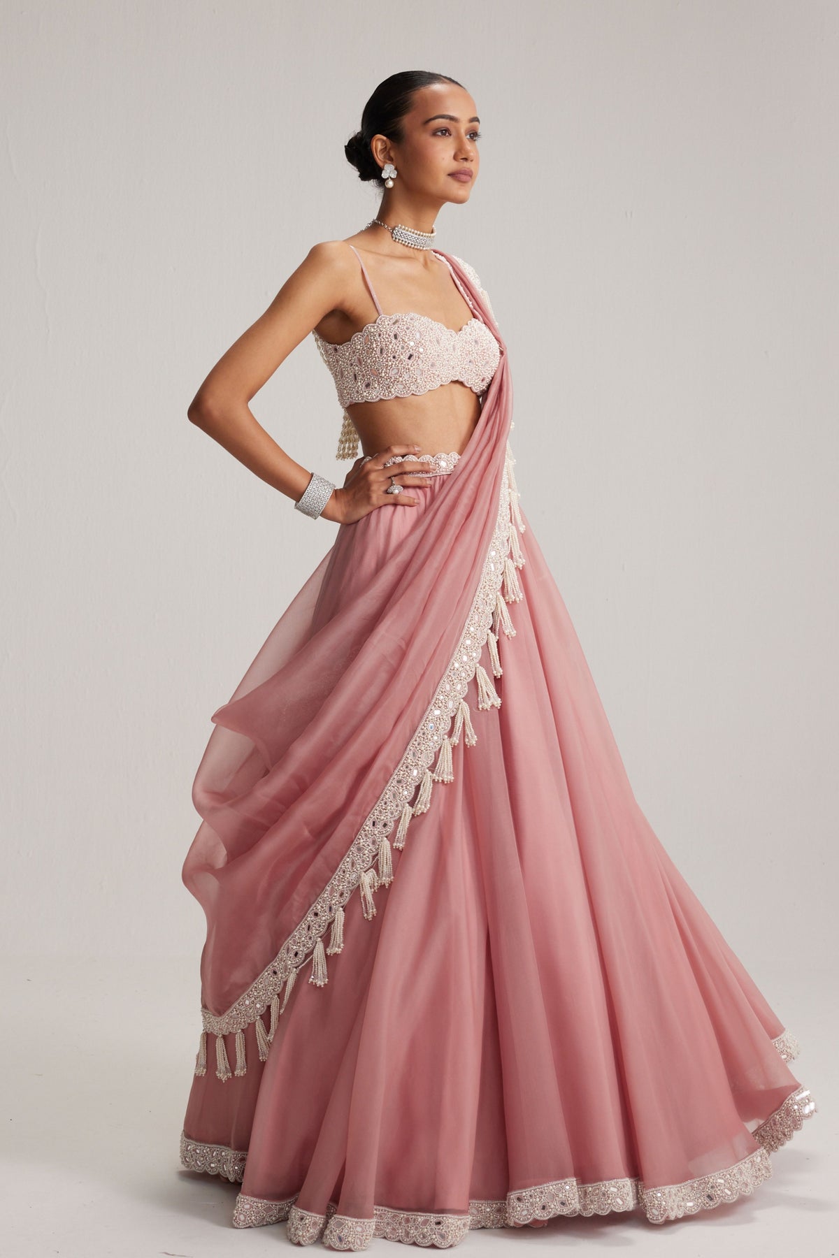 Dusty Rose Mirror and Pearl Lehenga Set