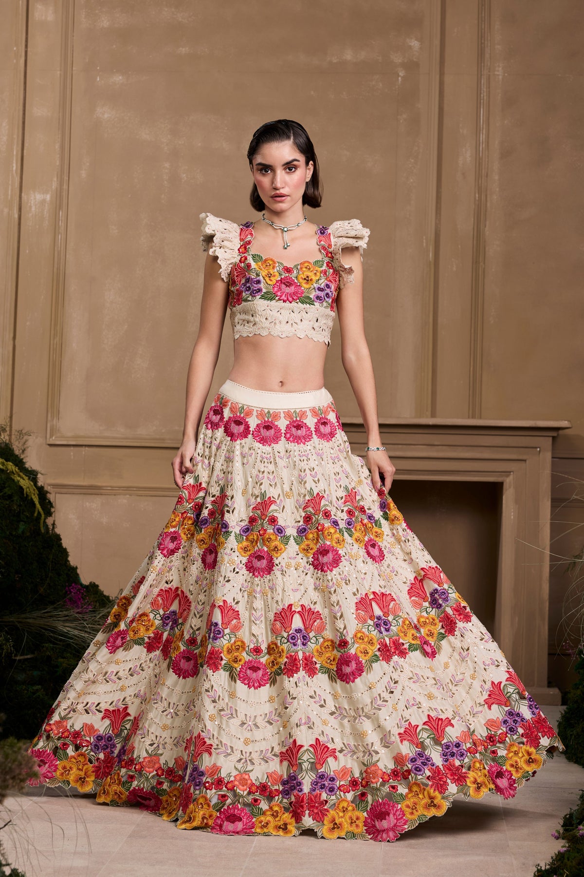 Ivory Multicoloured Floral Lehenga