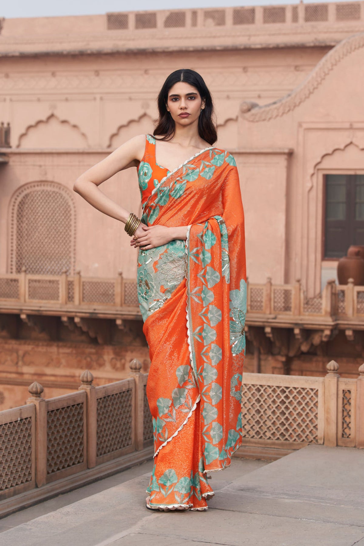Orange Moroccan Shimmer Saree Set