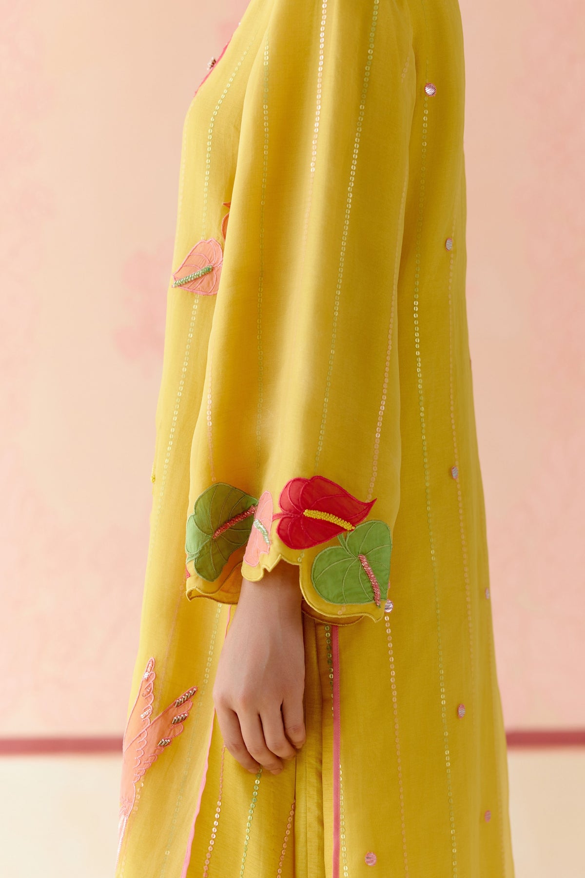 Mustard Floral Applique Kurta Set