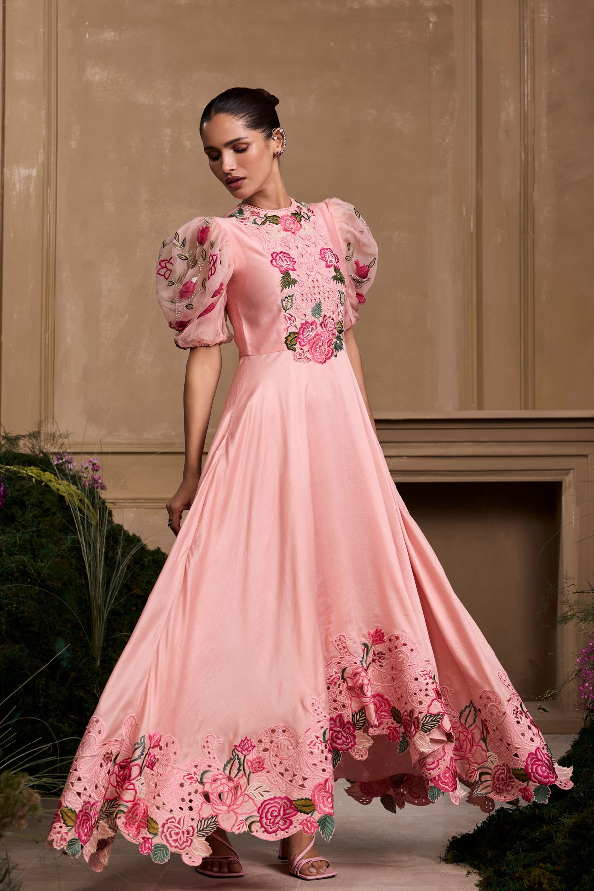 Rose Pink Embroidered Flounce Dress