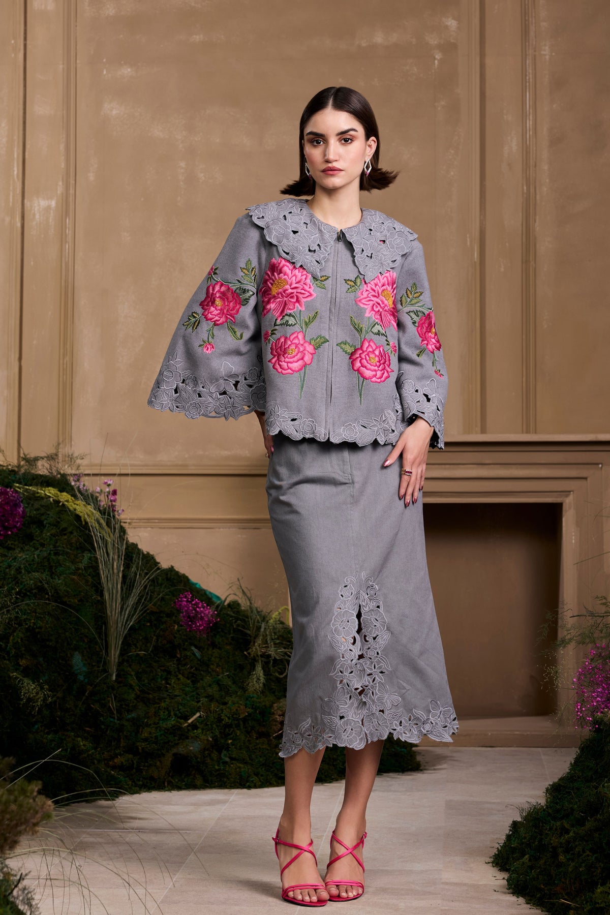 Grey Cutwork Midi Skirt
