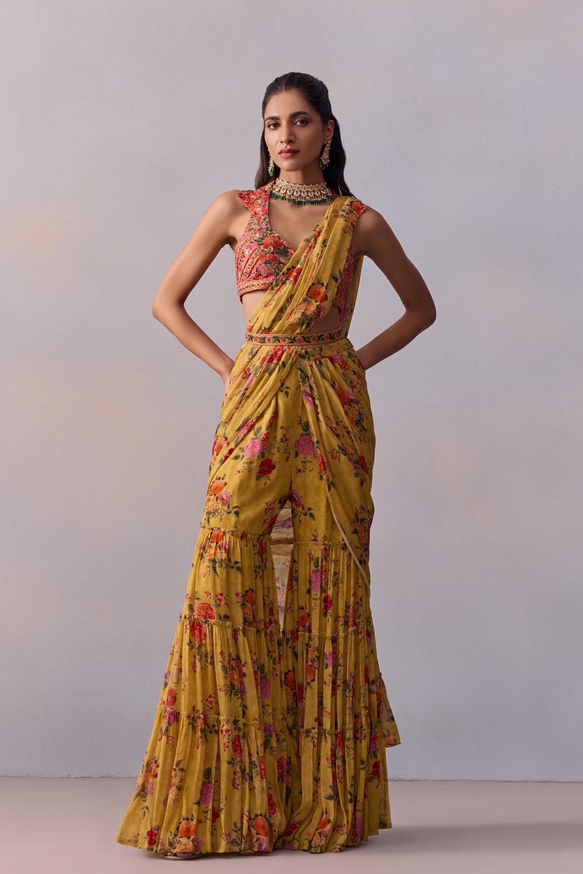 Yellow Sabia Pre-draped Saree Set