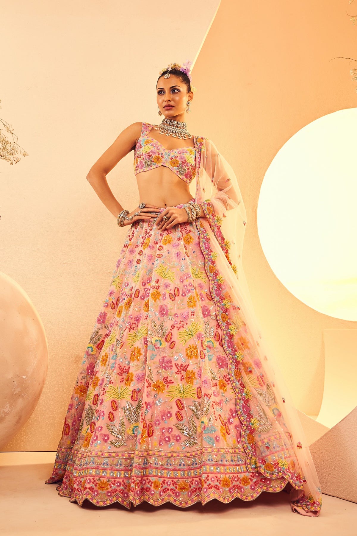 Peach Multifoilage Lehenga