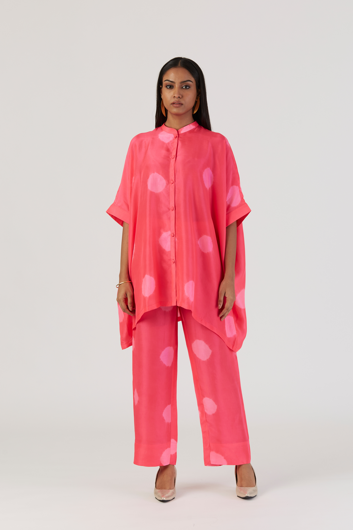 Coral Tie-Dye Silk Kaftan Set