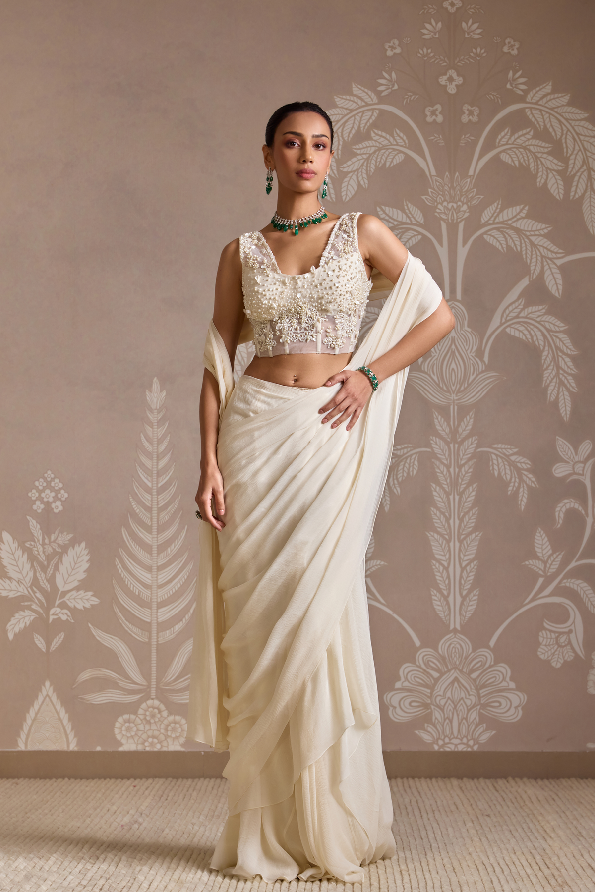Ivory Embroidered Drape Saree Set