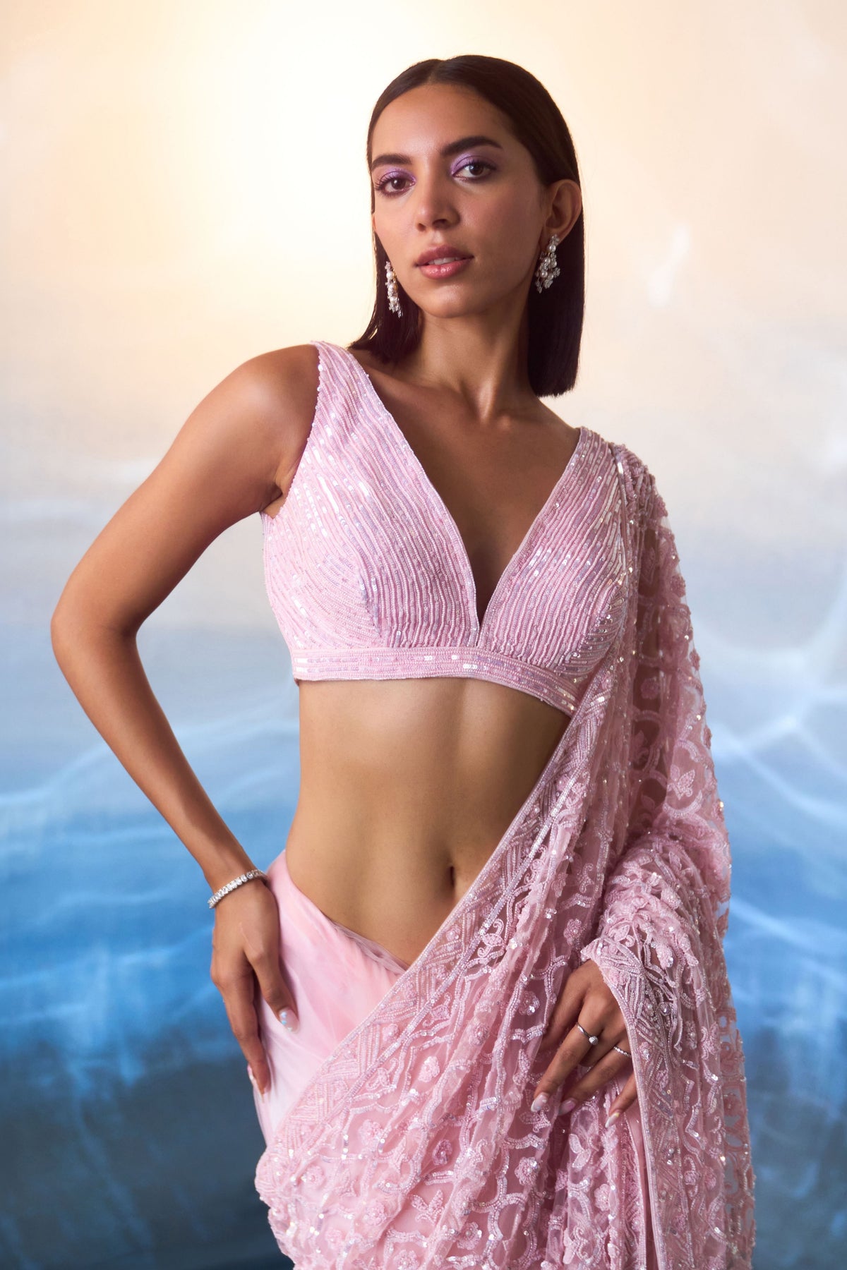 Pink Embroidered Saree Set