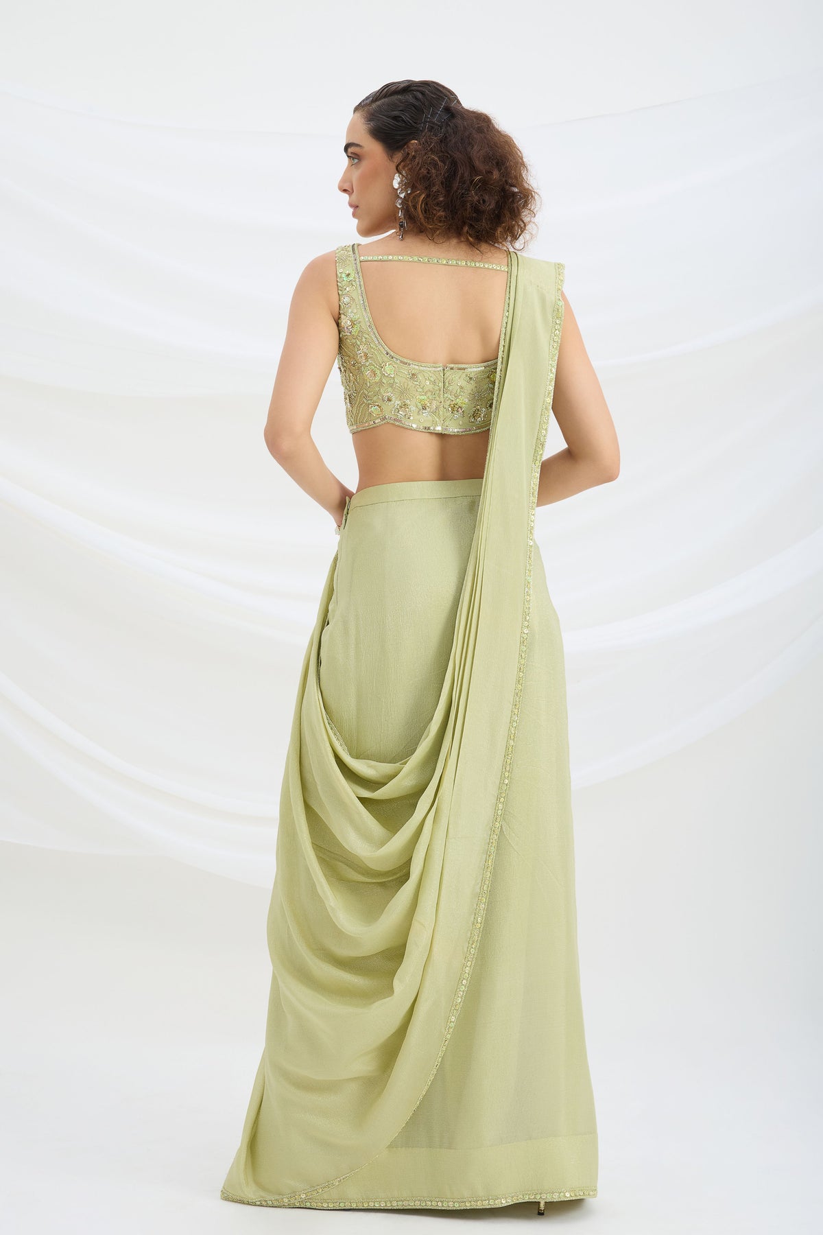 Sage Green Drape Saree Set