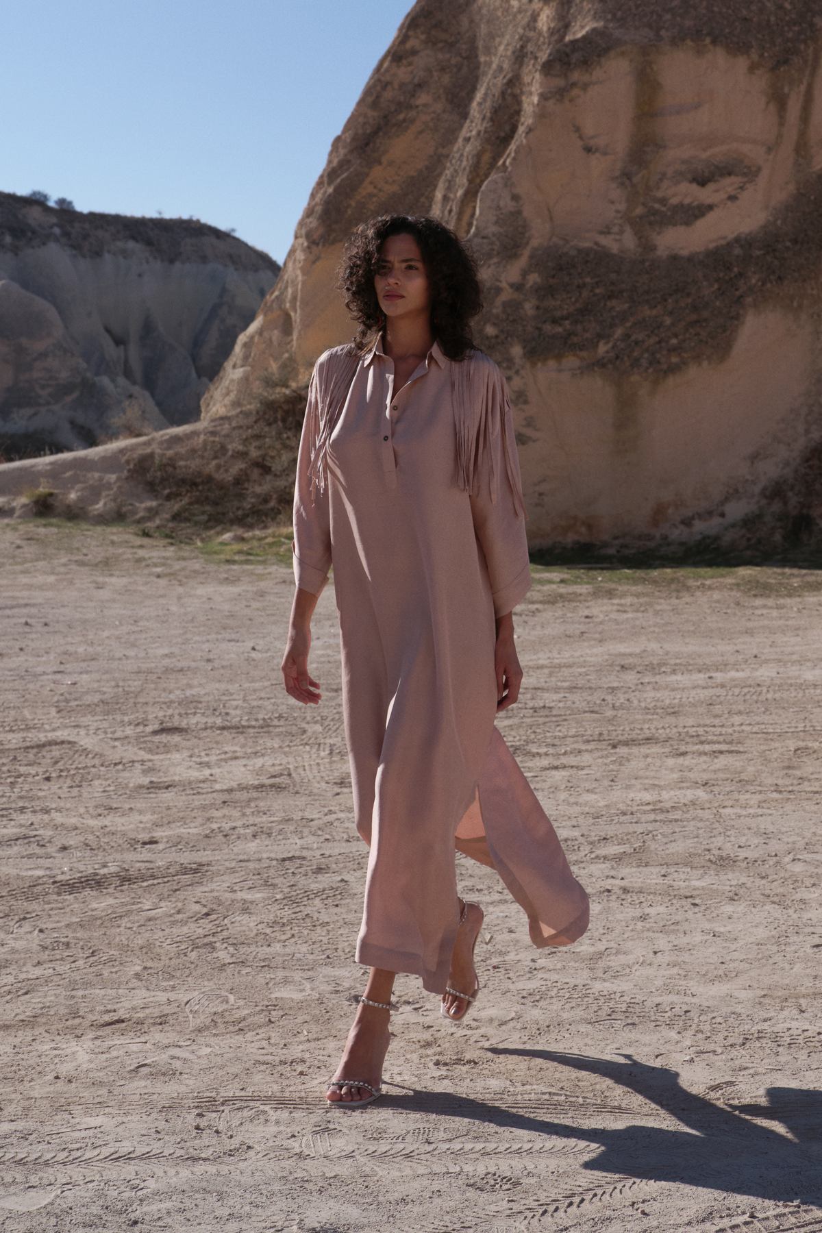 Rosegold Boxy Kaftan With Fringes