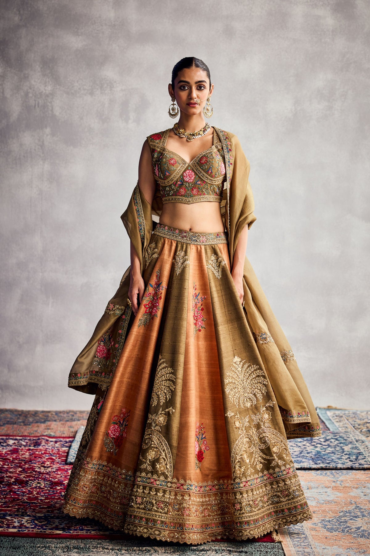 Green &amp; Orange Lehenga Set