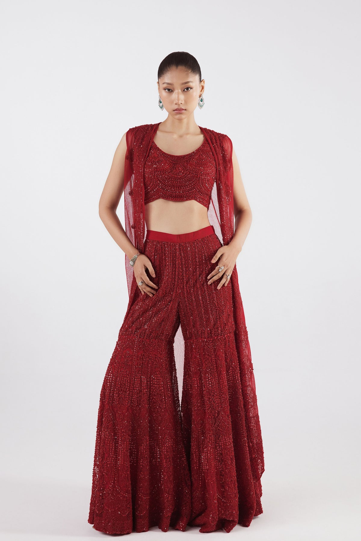 Red Indowestern Sharara Set
