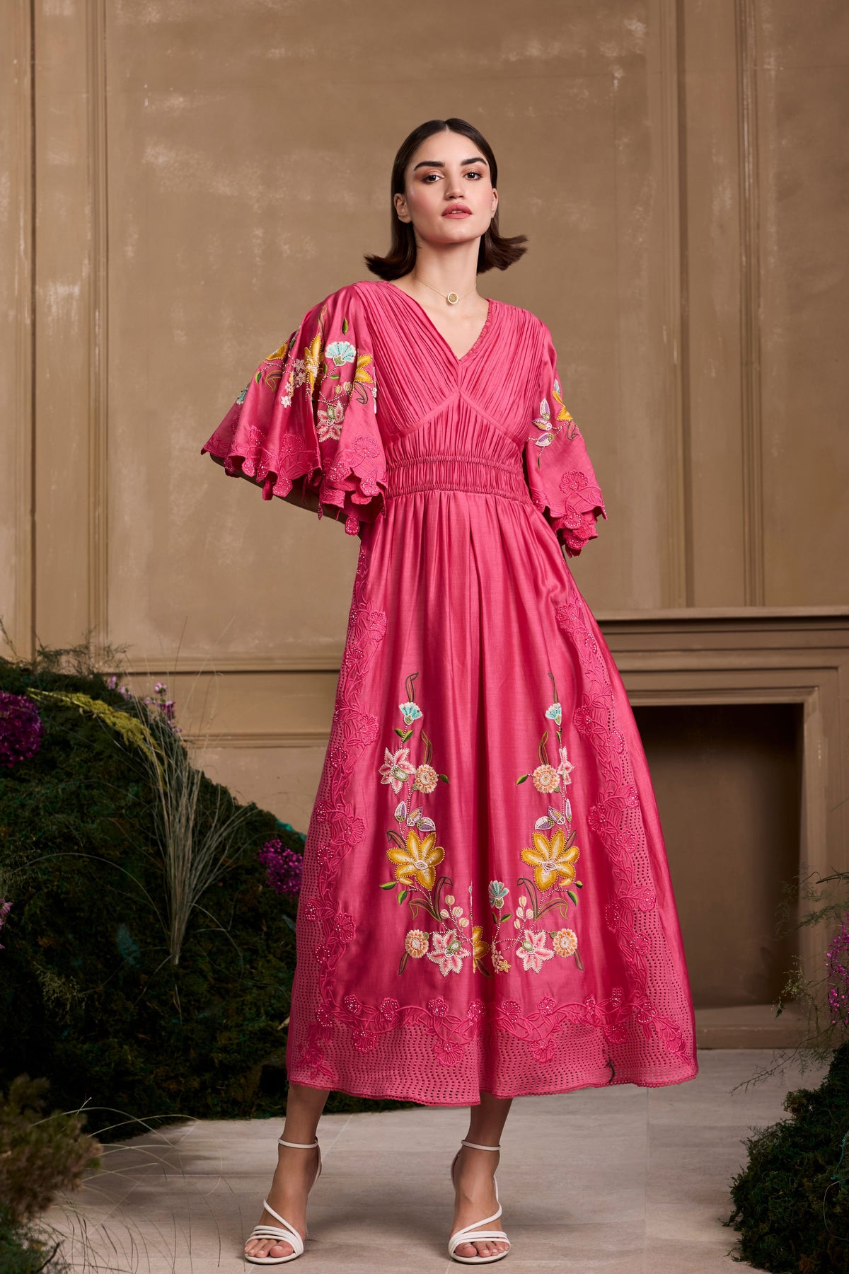 Fuchsia Floral Embroidered Ruched Dress