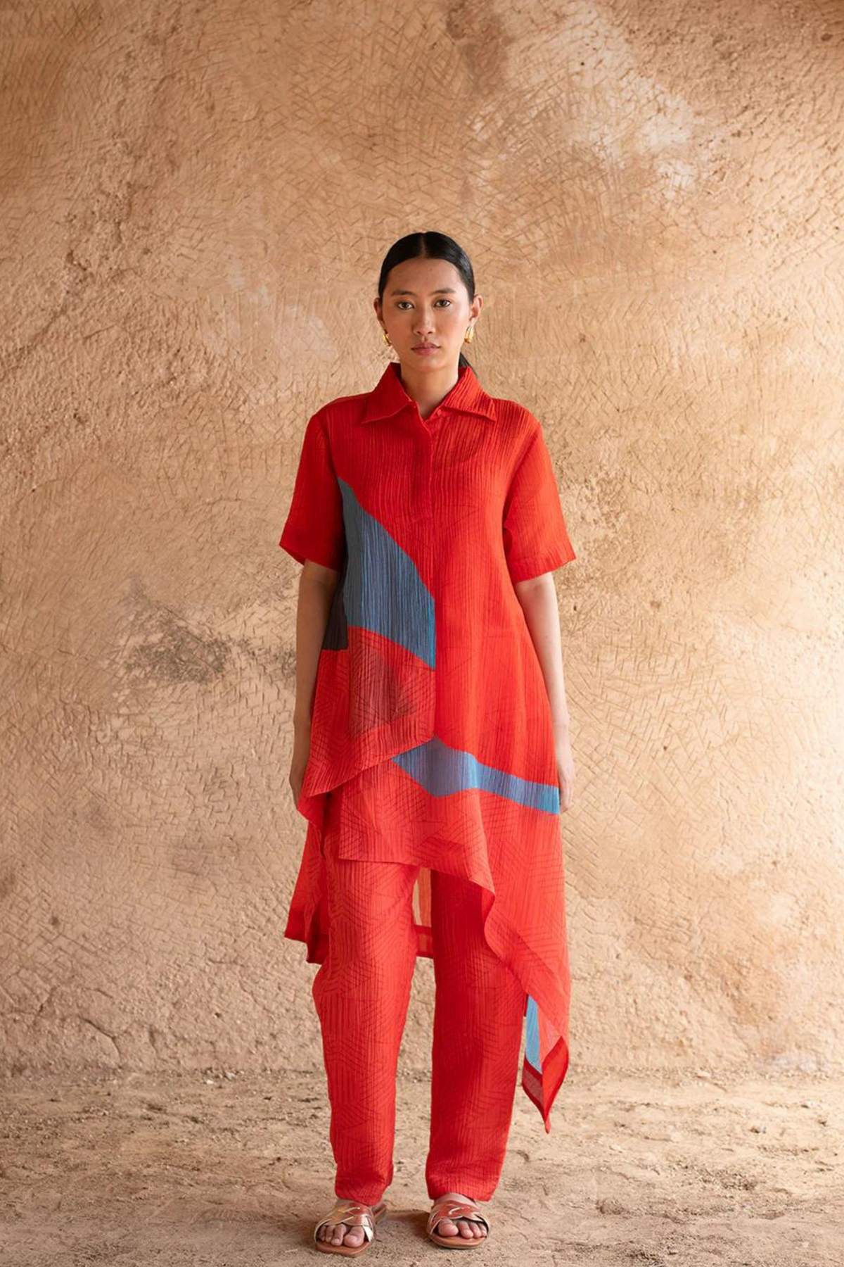 Burning Red High Low Kurta Set