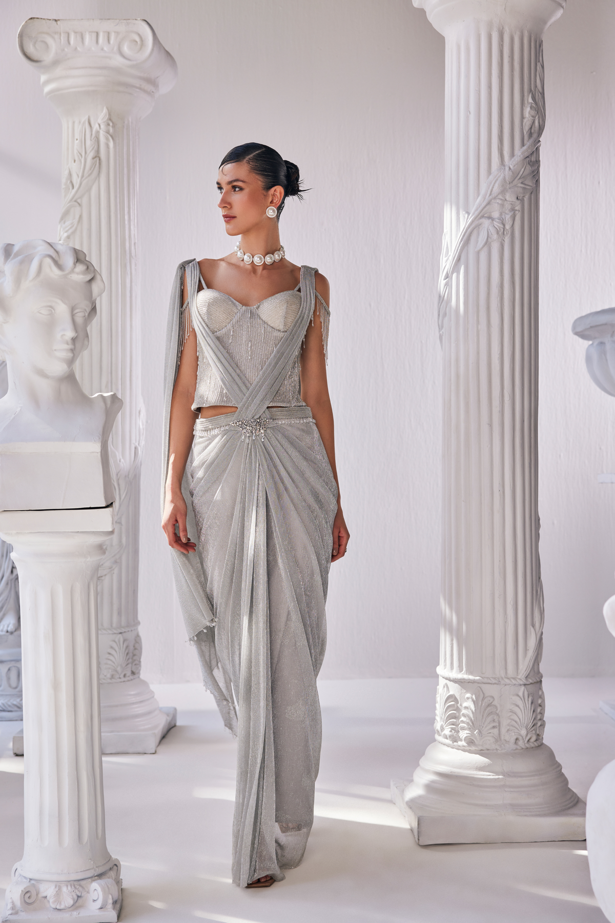 Silver Draped Saree Set