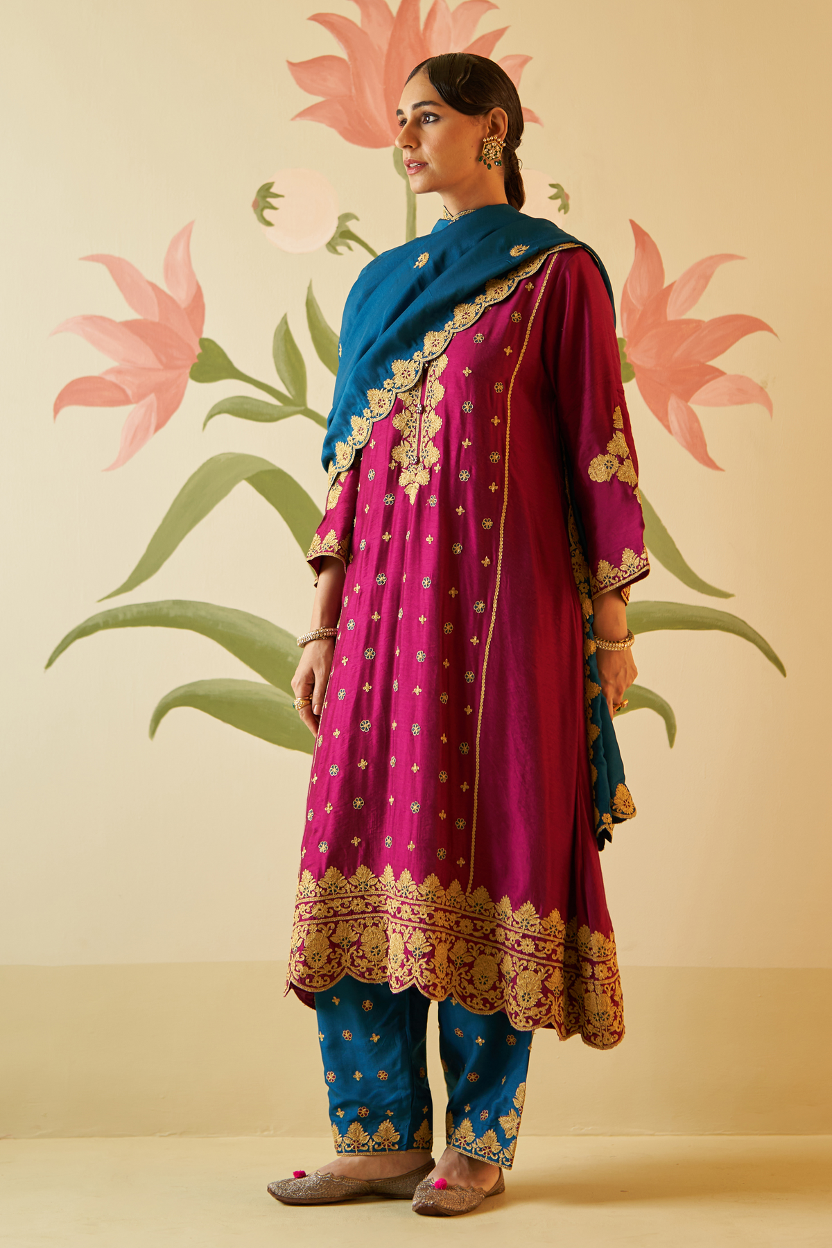 Wine Chanderi Silk Choga Set