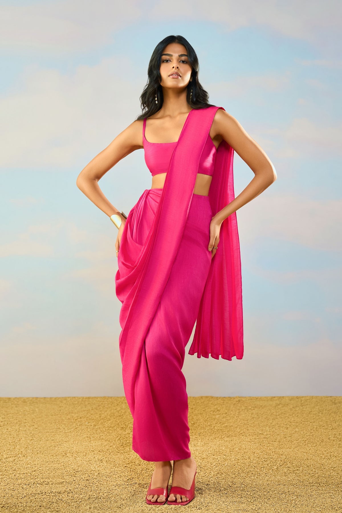 Fuchsia Drape Saree Set