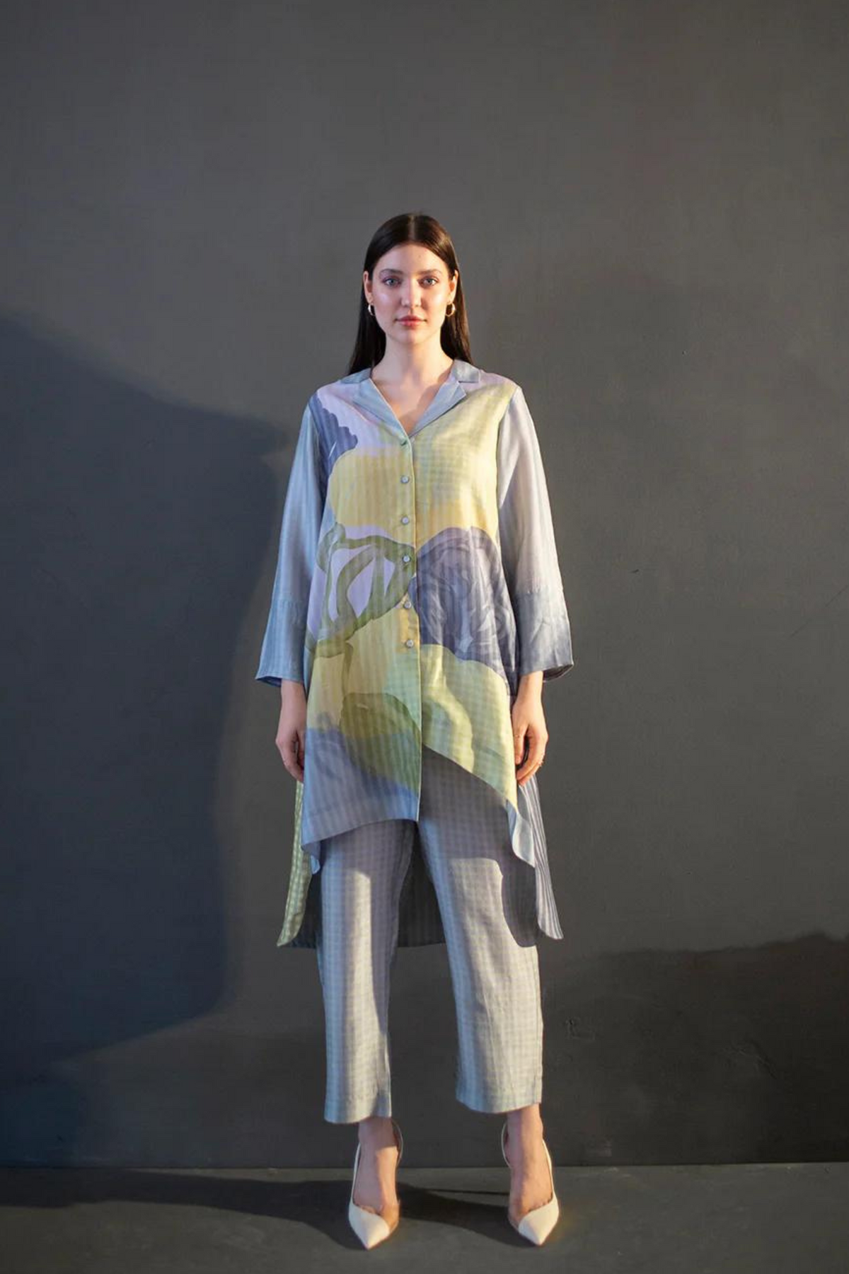 Blue Abstract Geometric Dupion Silk Tunics Set