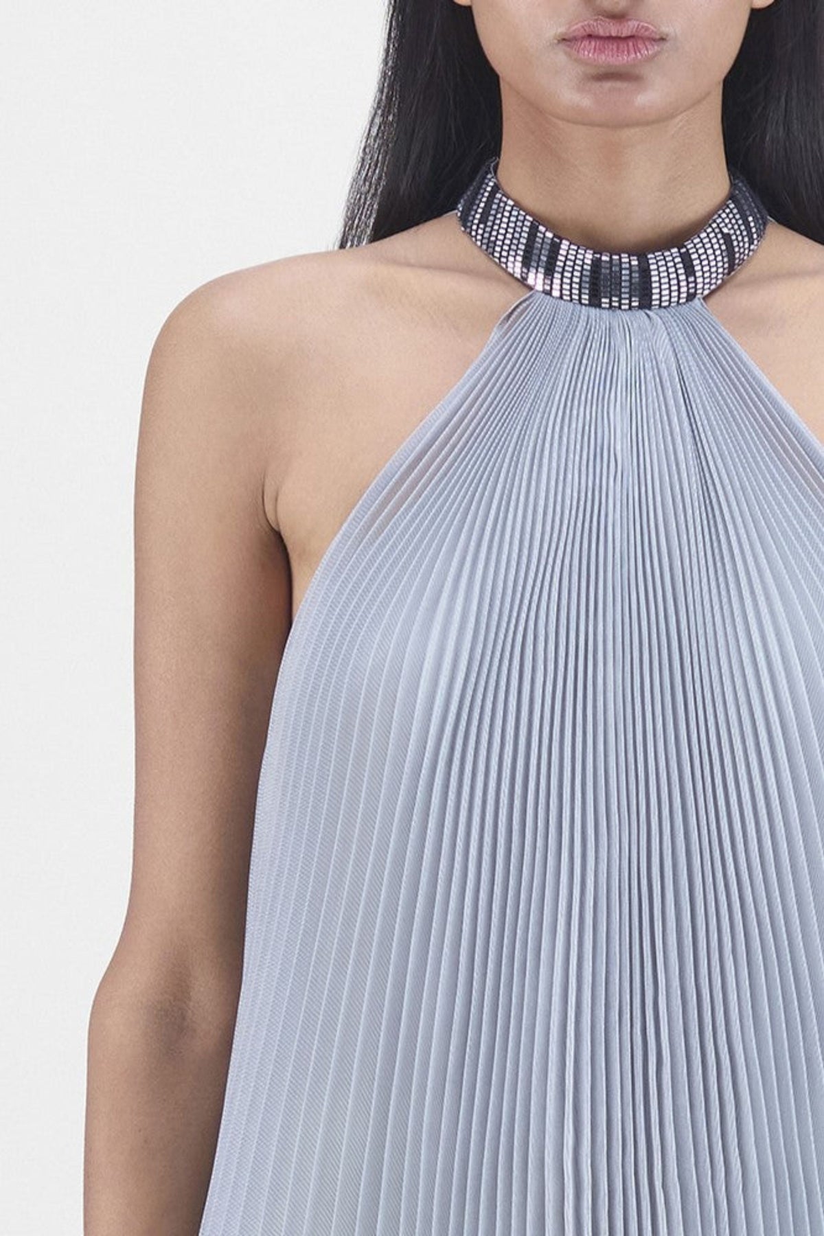 Pleated Halter Gown in Steel