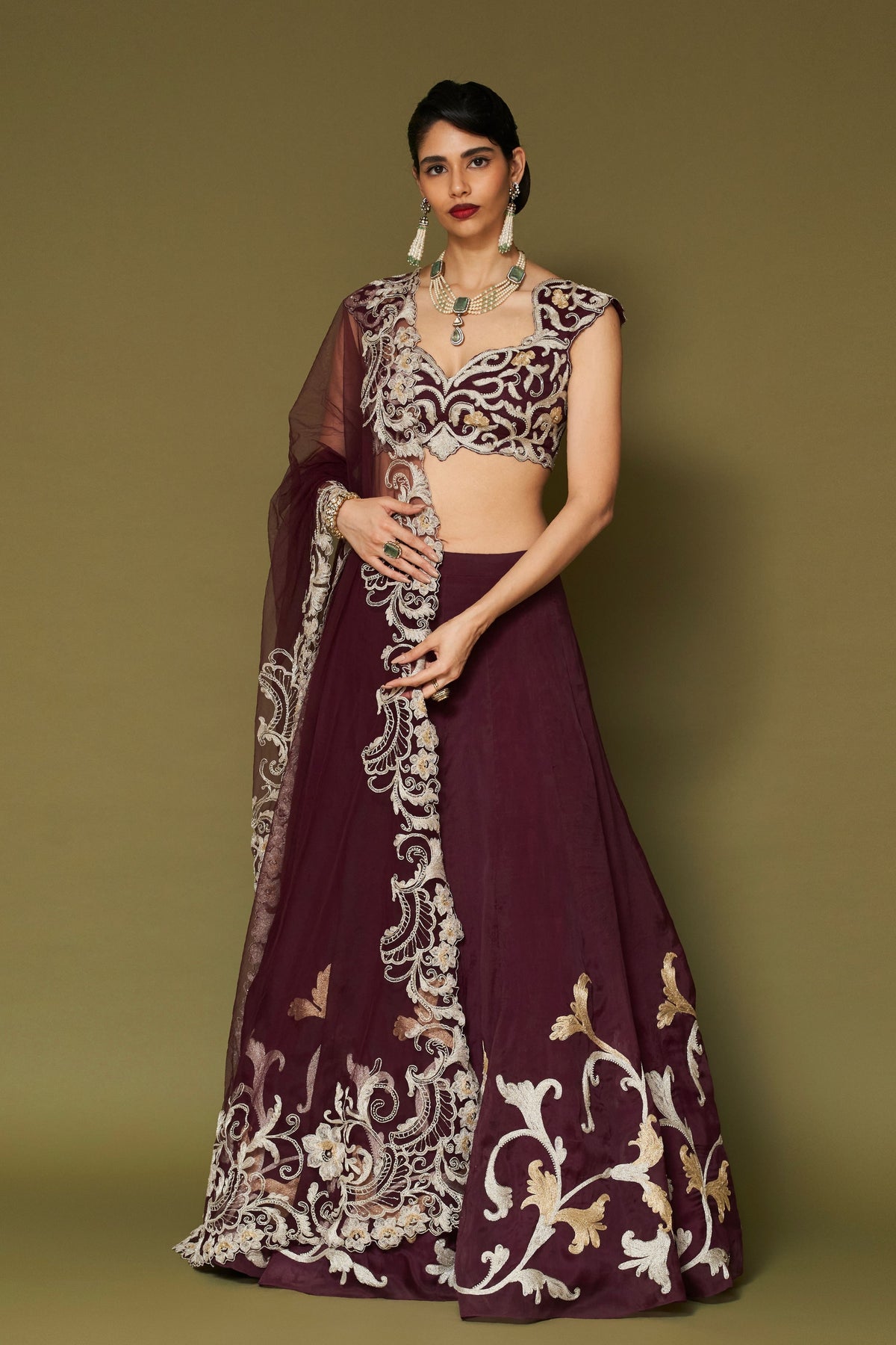 Wine Silk Organza Lehenga Set