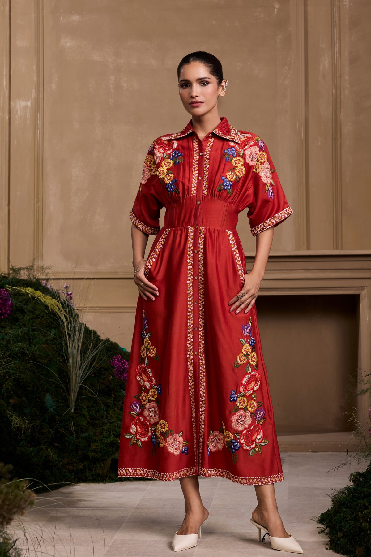 Red Embroidered Shirt Dress