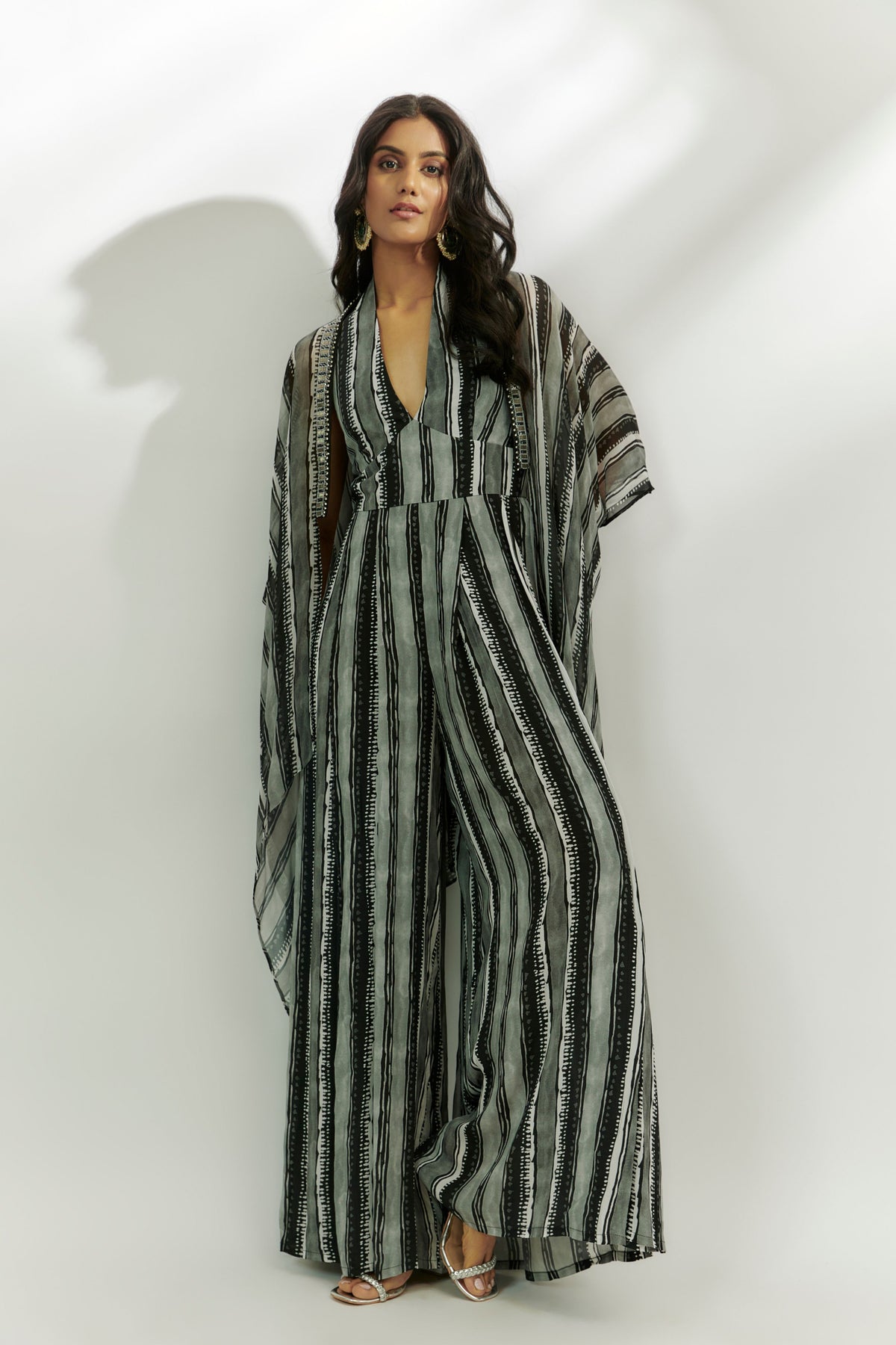 Black Stripes Printed Jumpsuit With Cape