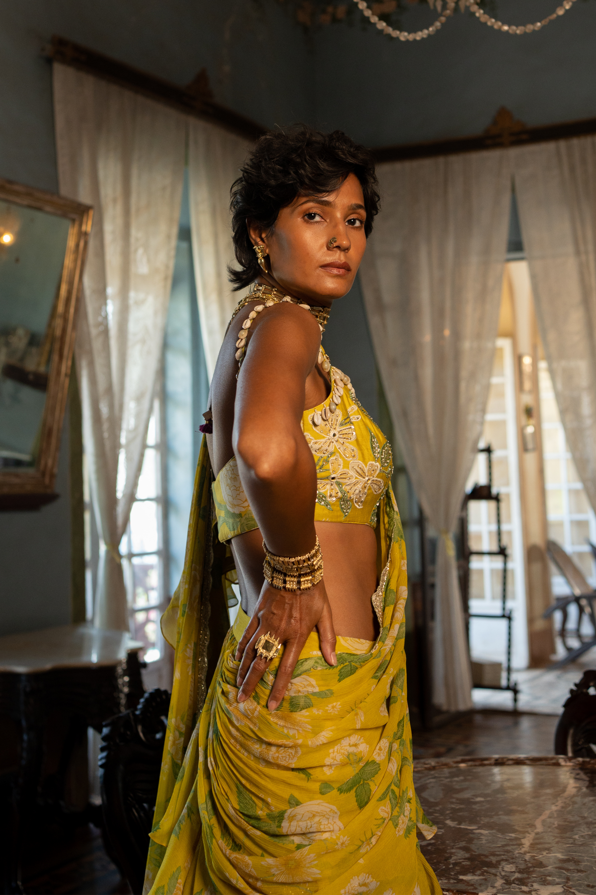 Yellow Mint Ruffle Sari Set