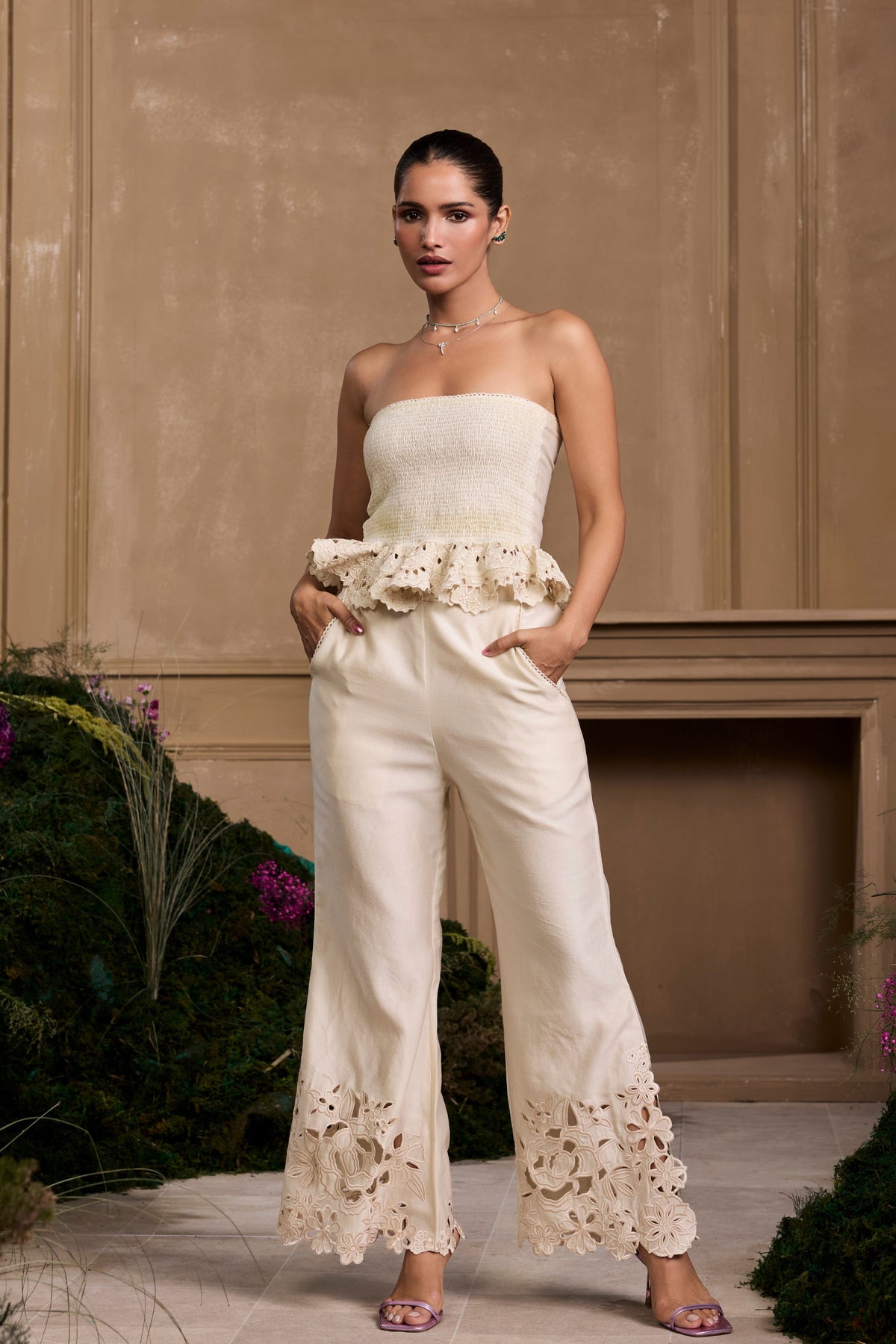 Ivory Smocked Ruffled Bustier