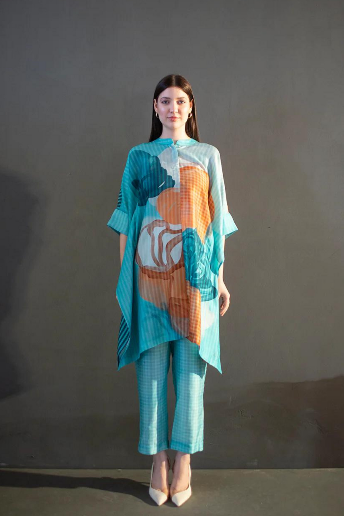Floral Print Dupion Silk In Blue Tunics Set