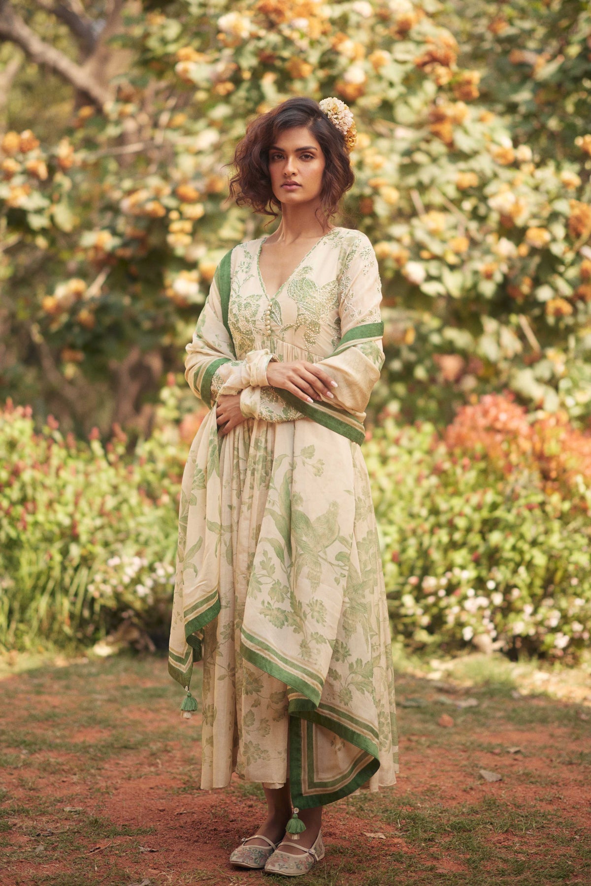 Green and Ivory Anarkali Set