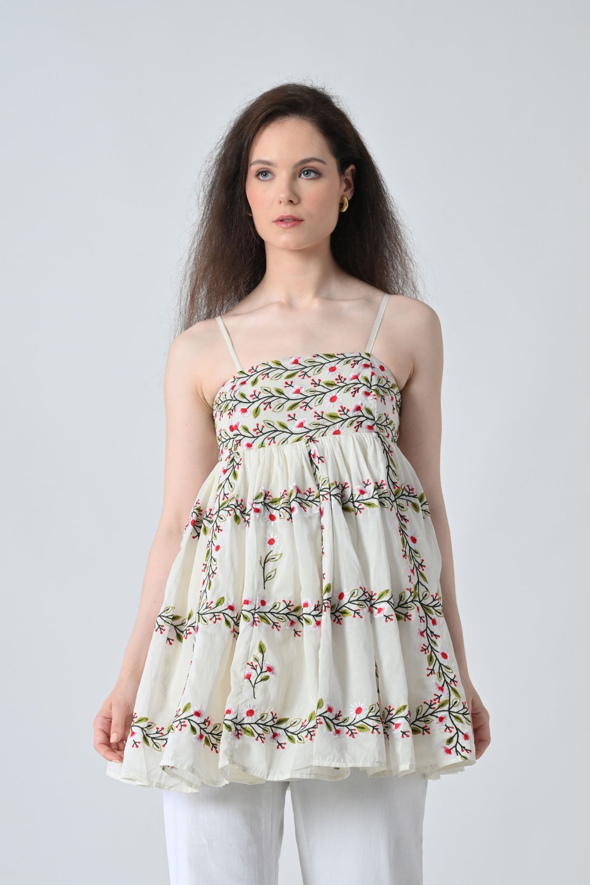 Ivory Vine Embroidered Tiered Top